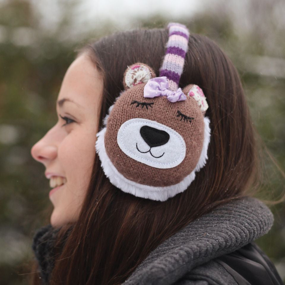 Cozy Knitted Bear Animal Ear Muffs for Women & Kids - Winter Warm Fleece Lined Headband - Perfect for Outdoor Activities, Skiing, Snowboarding & Cold Weather Fashion Accessories