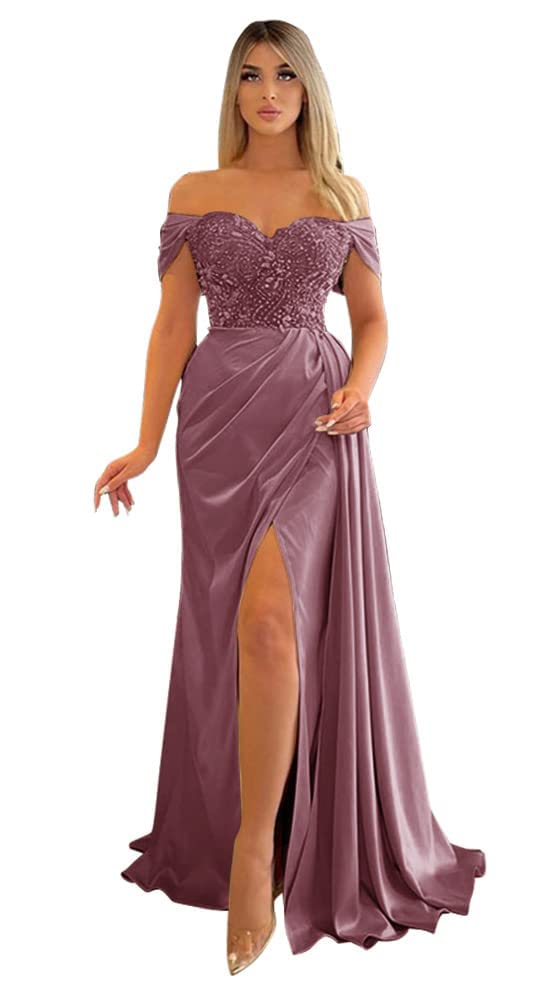 Elegant Off Shoulder Beaded Prom Dresses 2024 - Mermaid Slit Formal Evening Gowns for Women with Train | Perfect for Weddings, Galas, Red Carpet Events & Special Occasions