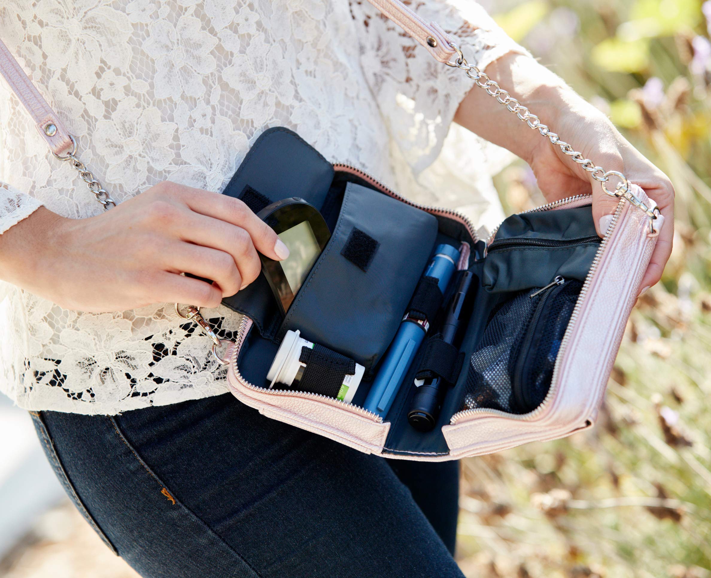 Myabetic Tina Diabetes Mini Crossbody Bag for Glucose Meter, Test Strips, Insulin Pen & Vial - Organizer for Keys, Credit Cards & Essentials (Pink Frost) - Perfect for Daily Use, Travel & Medical Needs
