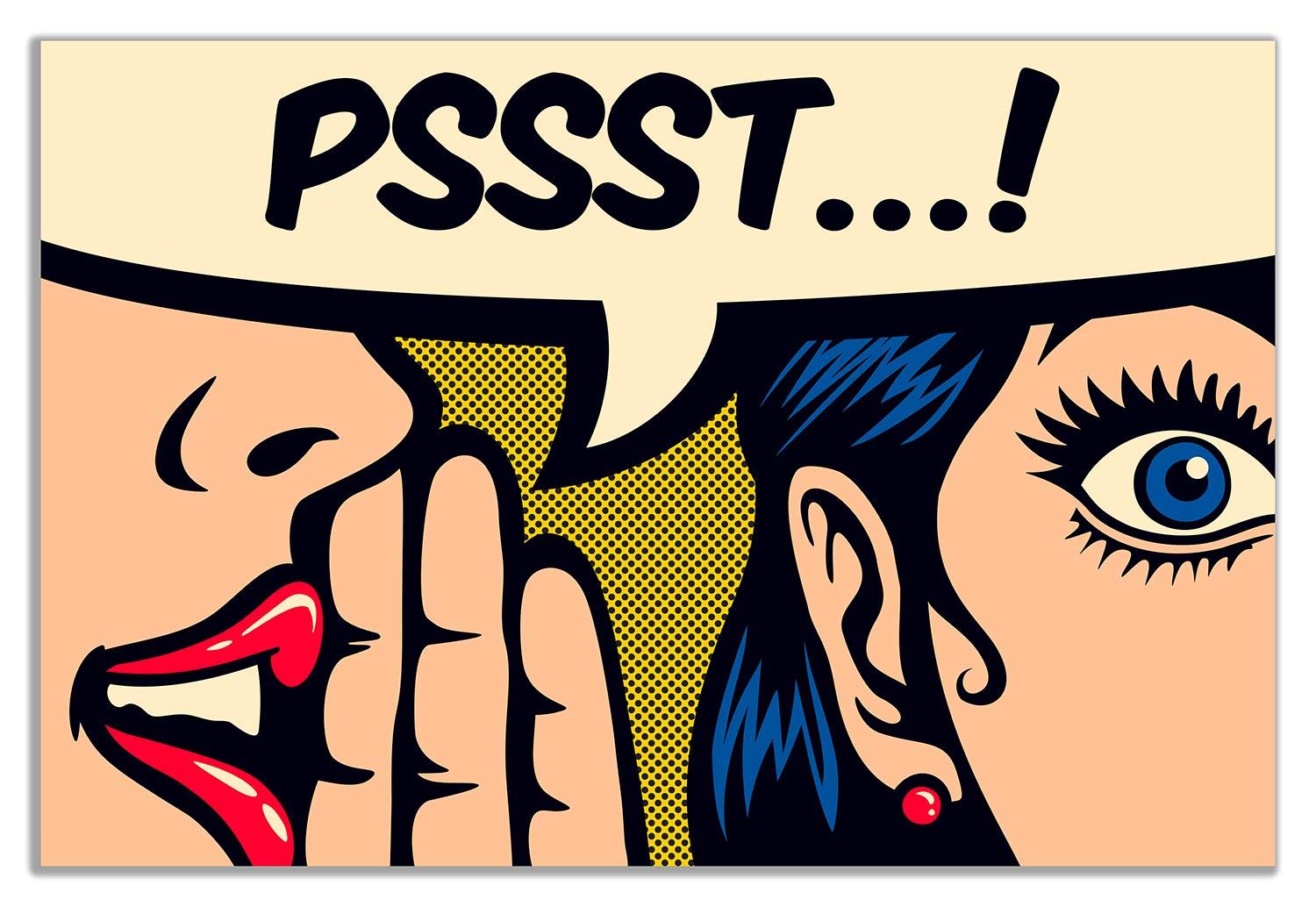 Modern Pop Art Girl 'Pssst!' Canvas Wall Art Print - 18x12 Inches, Vibrant Home Decor for Living Room, Bedroom & Office - Perfect Gift for Art Lovers