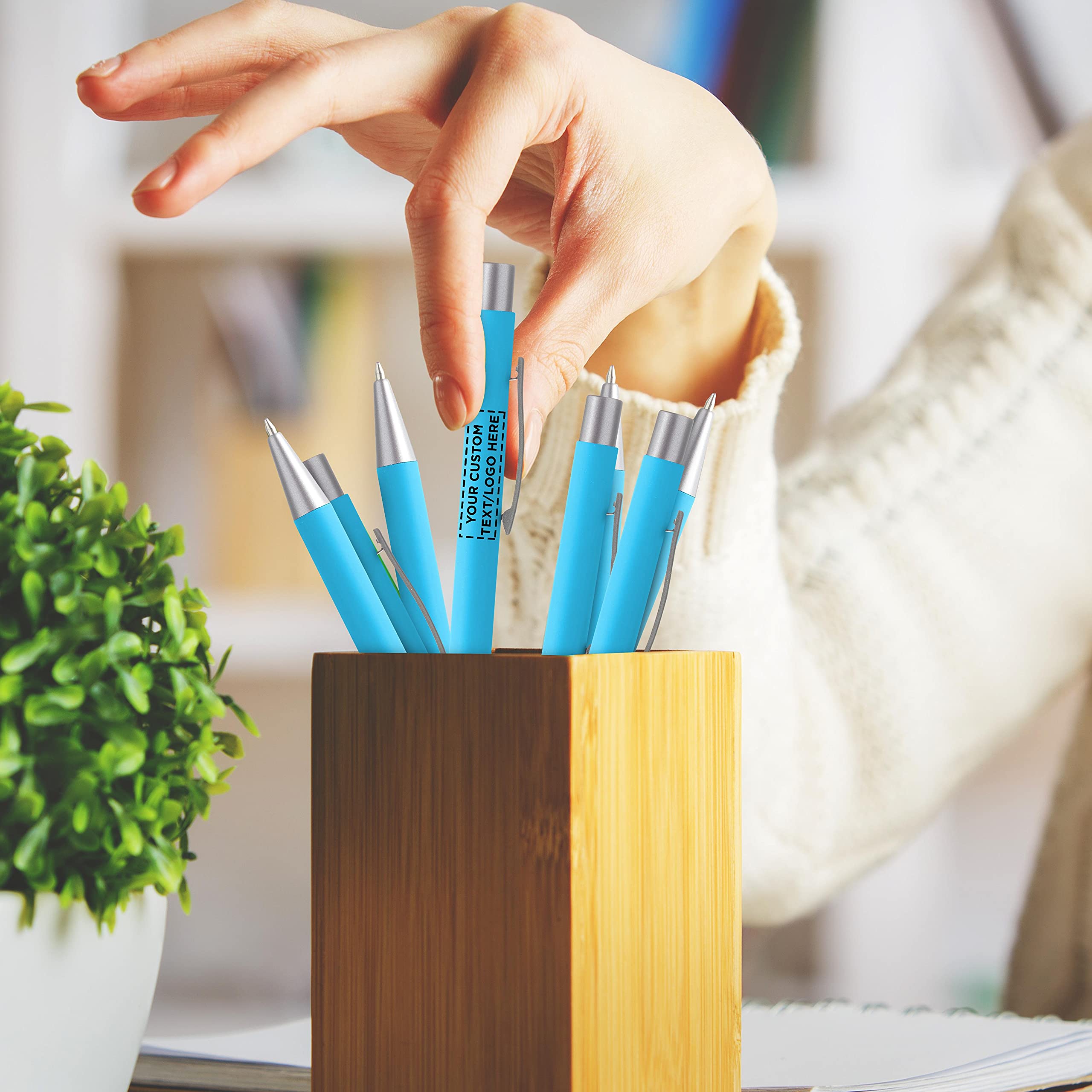 50 Pack Cordova Rubber Coated Metal Pens with Custom Text/Logo - Smooth Writing Push Action Ballpoint Pens with Black Ink (Light Blue) - Perfect for Office, School, Corporate Gifts & Promotional Events