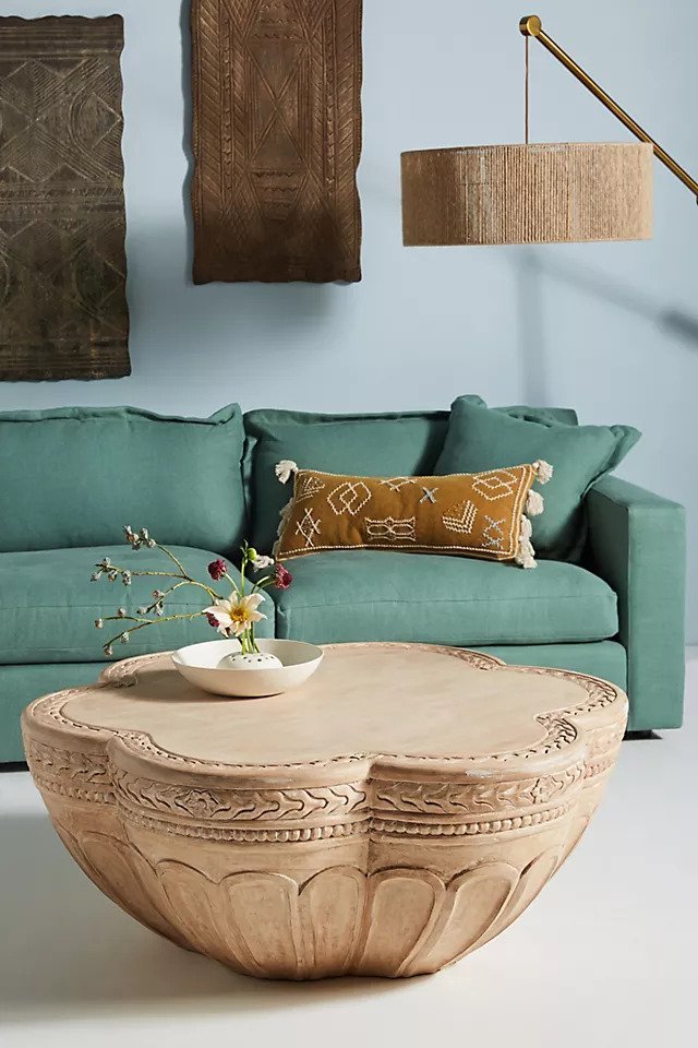 Hand Carved Cicely Wooden Coffee Table - Solid Wood Mid-Century Modern Living Room Furniture for Home Decor & Entertaining