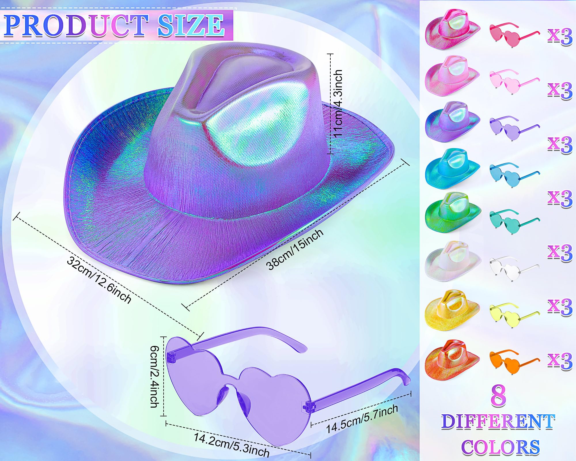 Xtinmee Space Cowgirl Holographic Hat & Rimless Heart Sunglasses Set - Sparkly Cowgirl Costume Accessories for Western Parties, Music Festivals & Cosplay Events