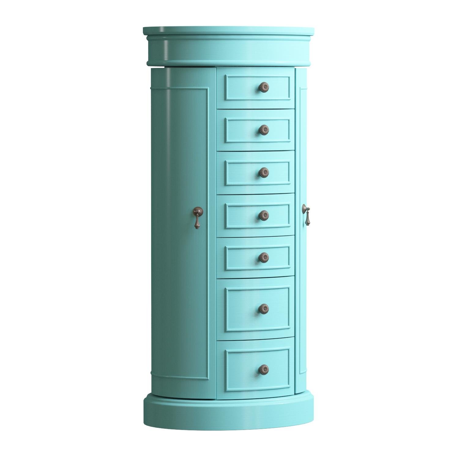 Bailey Oval Standing Jewelry Armoire Cabinet with Mirror Lid - 7 Drawers Jewelry Storage Organizer for Necklaces, Earrings, Bracelets - Turquoise Jewelry Chest for Bedroom, Closet & Dressing Room