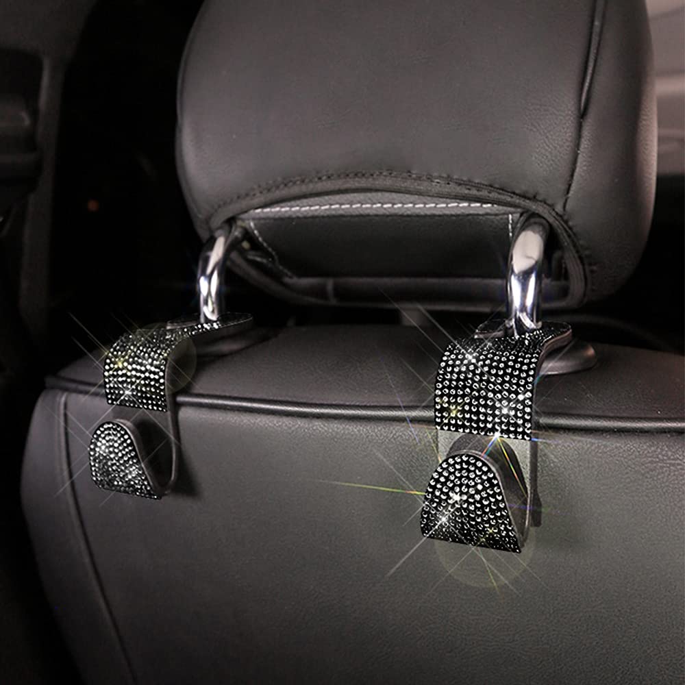 2PCS Bling Crystal Diamond Car Seat Hanger Hook - Black Backseat Organizer for Women | Perfect for Purse, Shopping Bags & Kids Toys Storage in Car