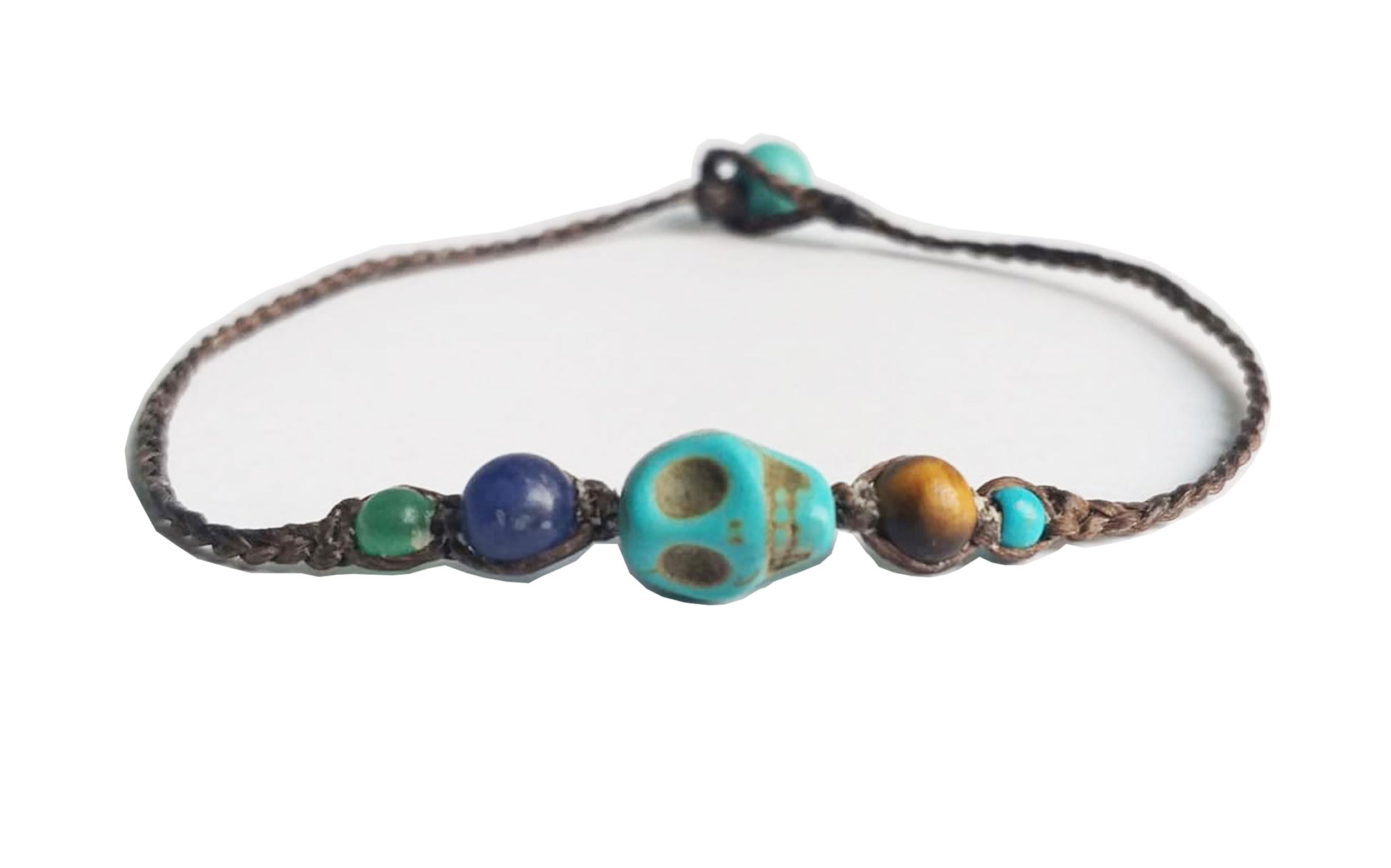Skull Turquoise Stone Bracelets for Men & Women - Tiger Eye, Green Jade, Kyanite Beaded Bracelets in Blue & Brown Colors - Perfect for Boho Style, Yoga, Meditation & Everyday Wear