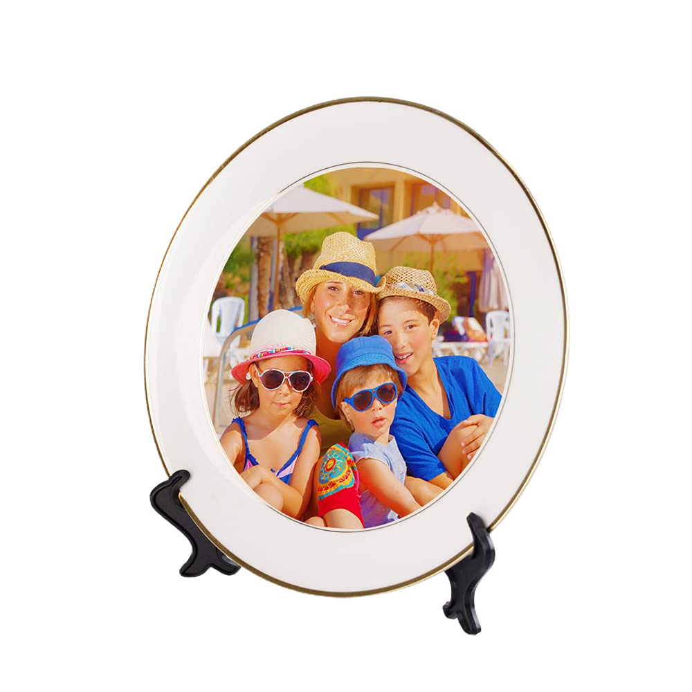 MR.R Set of 2 Sublimation Blanks - 8 Inch White Ceramic Gold Rim Plates with Stand, Lead-Free Porcelain Plates for Dessert, Salad & Appetizers | Microwave, Oven & Freezer Safe | Perfect for Parties, Weddings & Home Decor