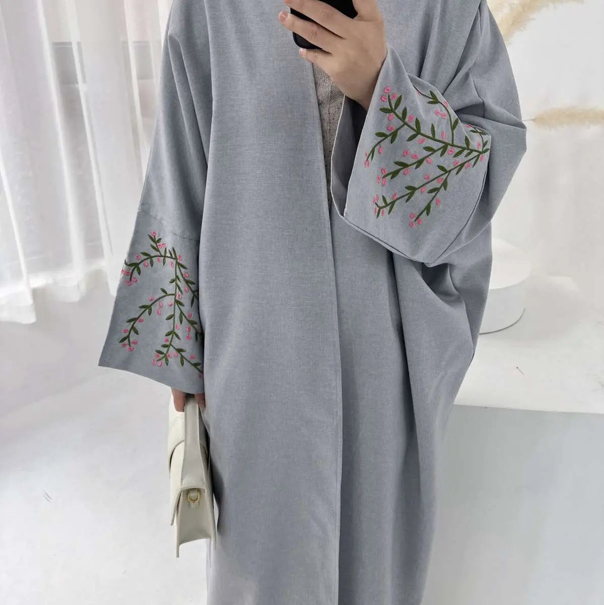 Linen Cotton Embroidery Cardigan Open Abaya Dress - Elegant Muslim Women's Cover Up for Prayer, Home & Casual Wear