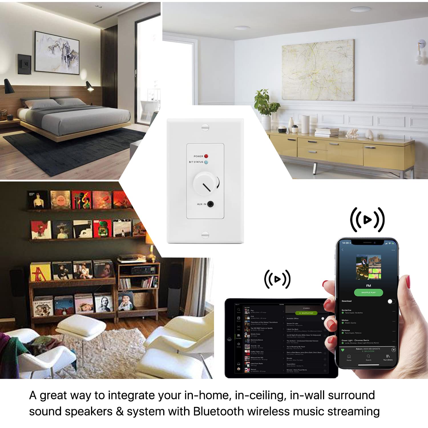 TNP Wireless Bluetooth Audio Receiver Wall Plate Mount - 120W BT 5.0 aptX Hi-Fi Stereo Amplifier with Volume Control & 3.5mm AUX Input for Home Theater, Multi-Room Audio & Speaker Systems - Perfect for Living Room, Bedroom & Office Music Streaming