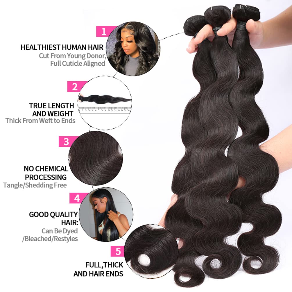 13×4 Lace Frontal Body Wave Bundles - 100% Unprocessed 8A Brazilian Human Hair Weave (12/14/16+10 Inch) | Double Weft, Free Part | Perfect for Protective Styles, Wig Making & Everyday Glam