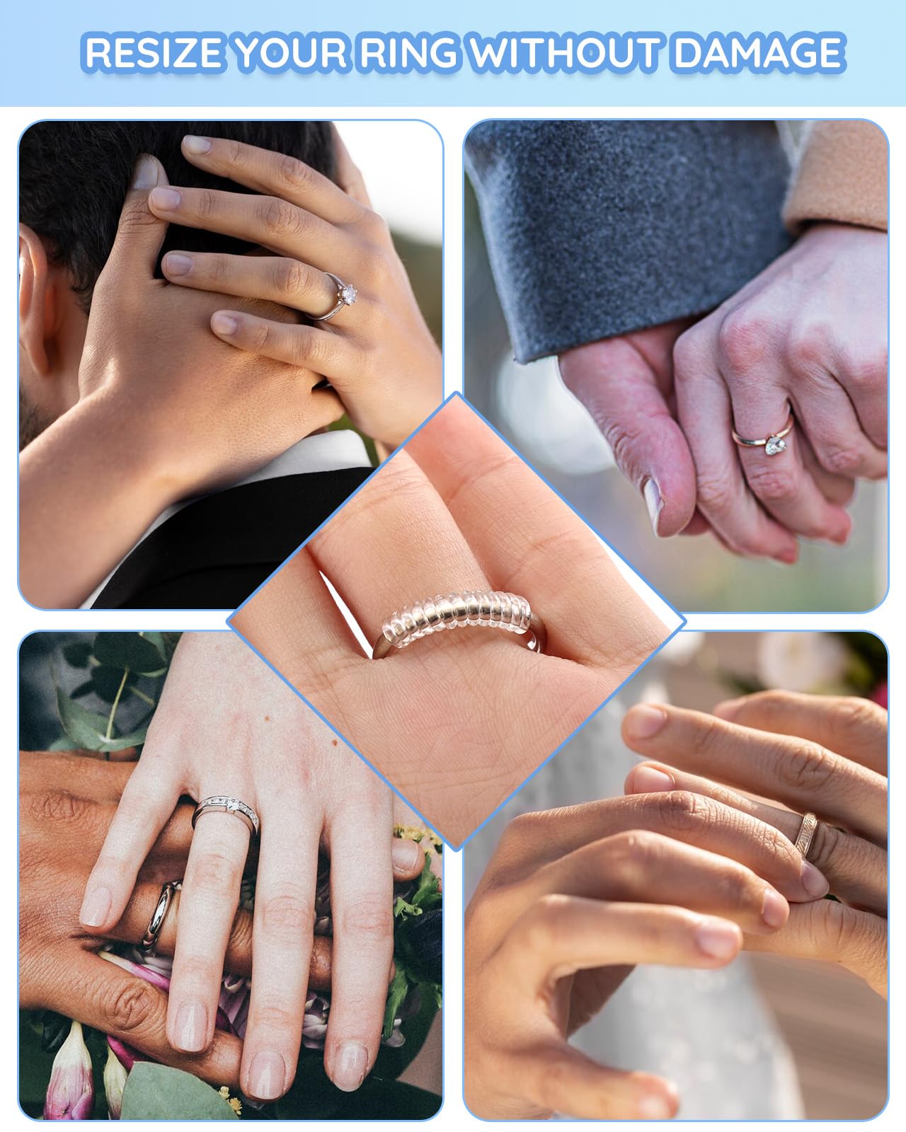 16 Pack Ring Sizer Adjuster for Loose Rings - Spiral Silicone Ring Guards for Women & Men - Invisible Ring Tightener Set with Polishing Cloth & Storage Box - Perfect for Wedding Bands, Engagement Rings & Jewelry Resizing