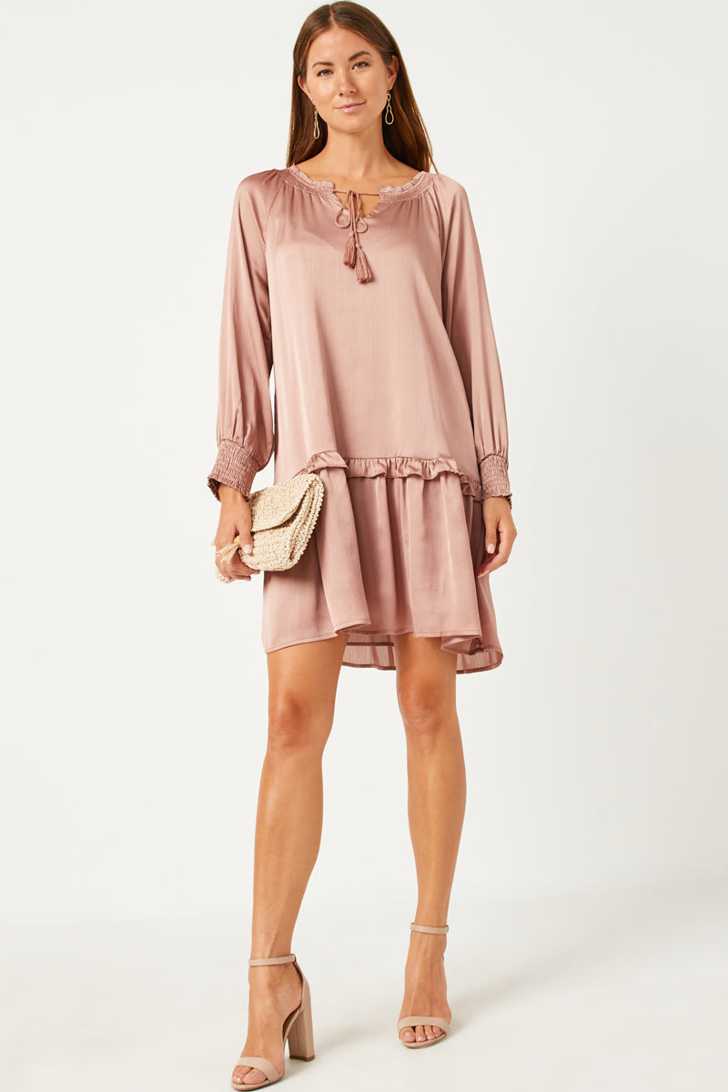 Elegant Satin Look Smocked Cuff Tie Neck Dress for Women | Party, Wedding & Special Occasion Outfit
