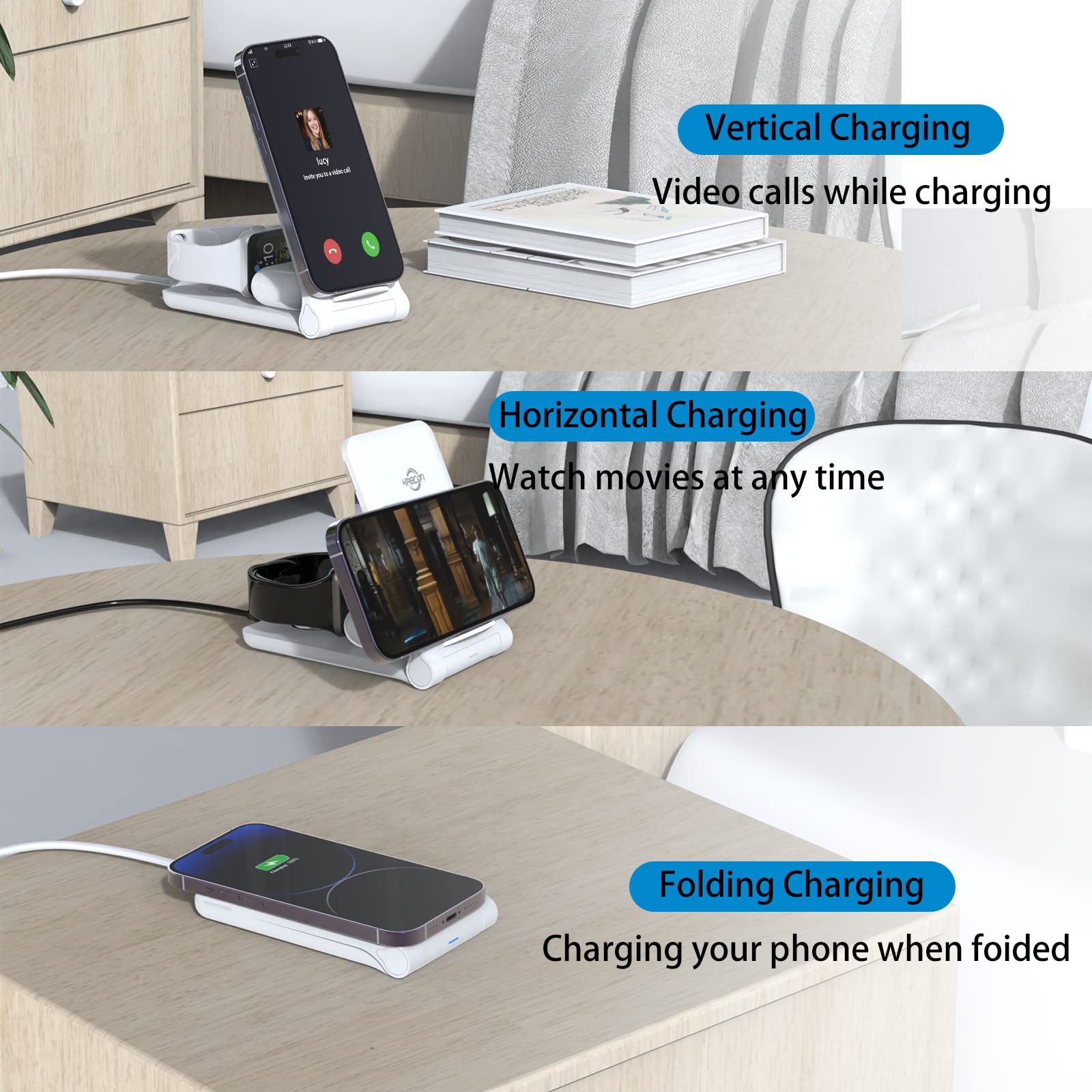3-in-1 Wireless Charging Station - 15W Fast Foldable Charger for iPhone 14/13/12/11/Pro/Max/SE, Apple Watch 6/5/4/3/2/1 & AirPods Pro - Includes 20W PD Adapter (White) | Perfect for Bedside, Office & Travel Charging