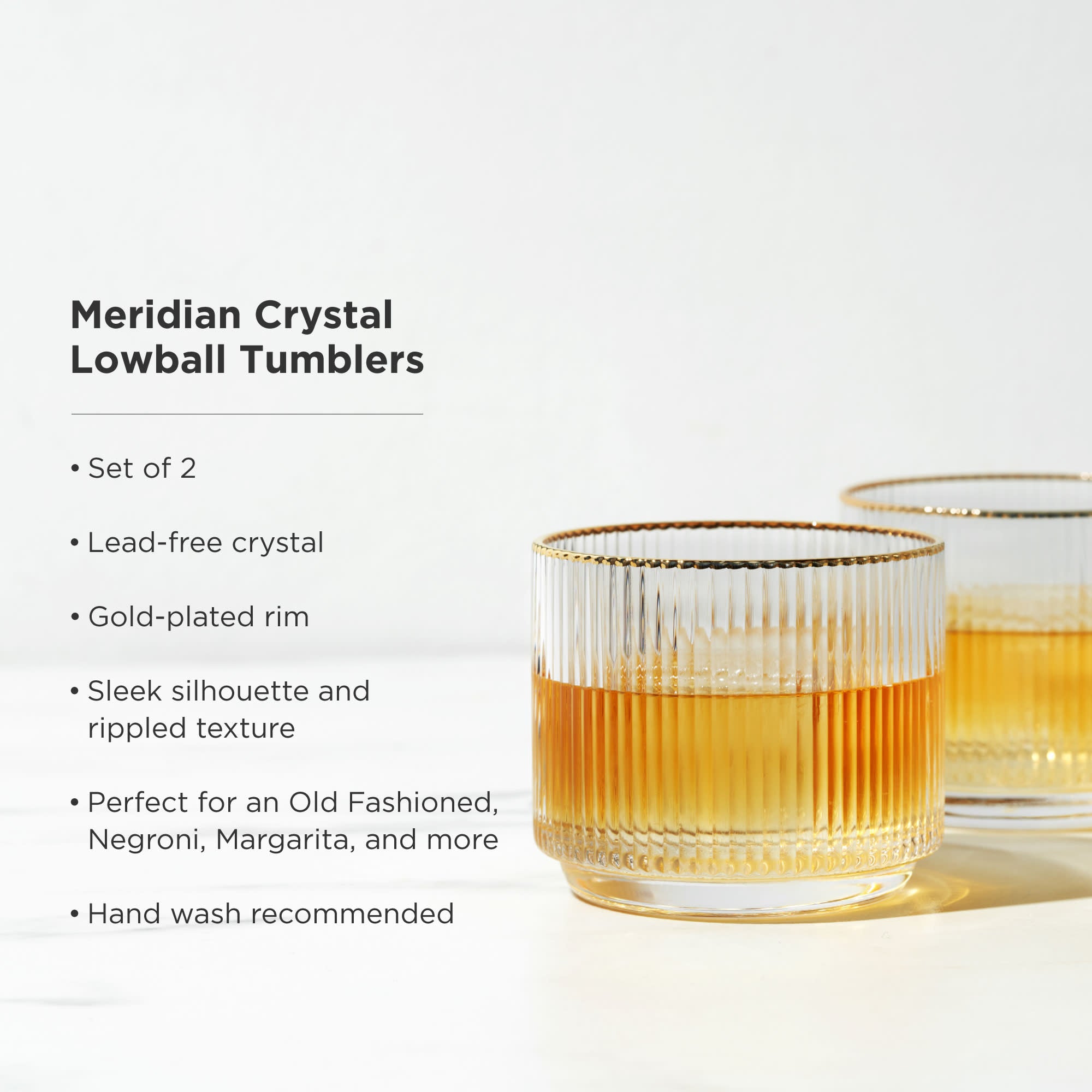 Premium Meridian Crystal Lowball Tumblers Set of 2 - Elegant Whiskey Glasses for Bourbon, Scotch & Cocktails - Perfect for Home Bar, Gifts & Entertaining
