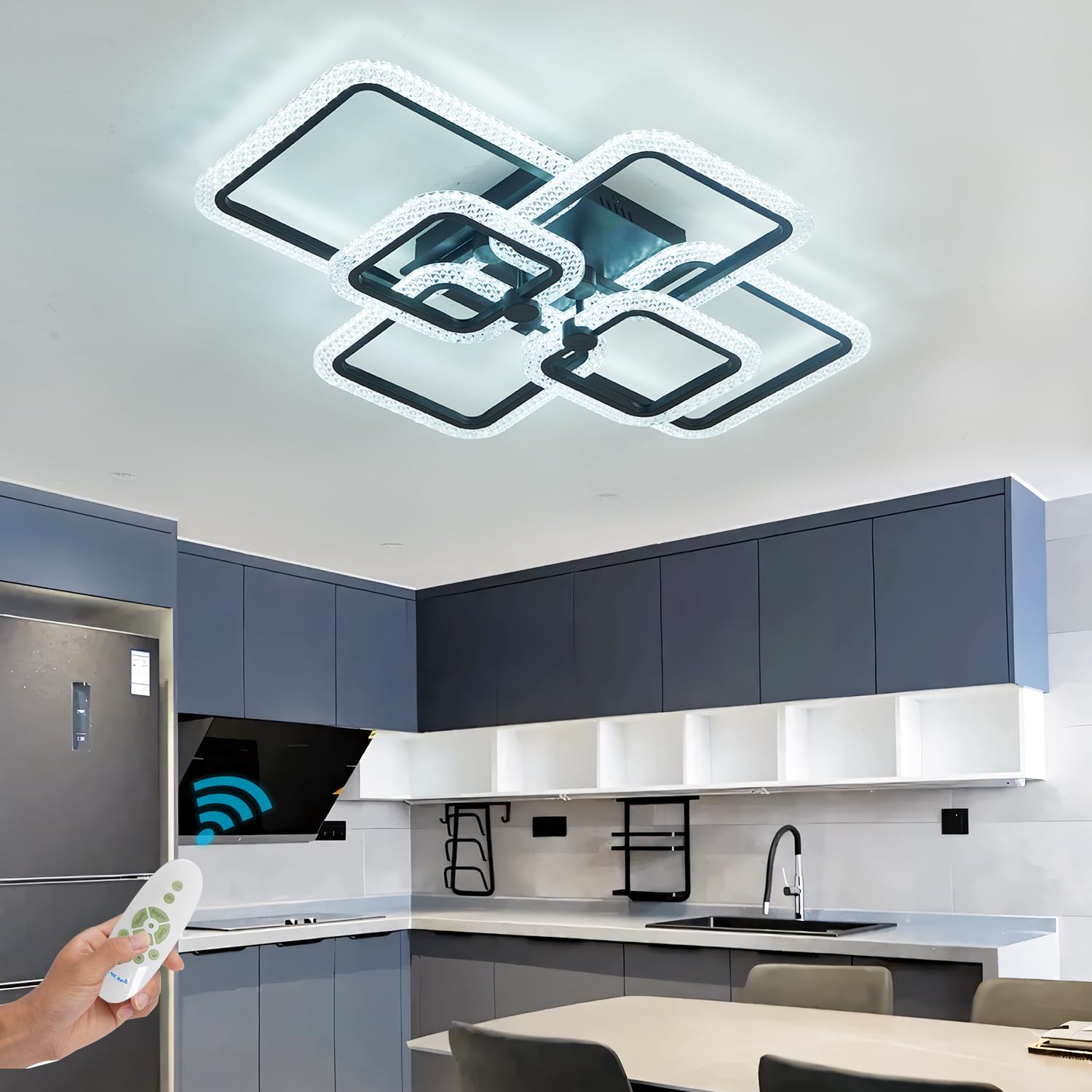 Modern LED Ceiling Light Fixture - Crystal Dimmable Flush Mount with Remote Control, 6 Square Frame Design for Living Room, Dining Room & Kitchen | Perfect for Home Decor, Ambient Lighting & Energy Saving