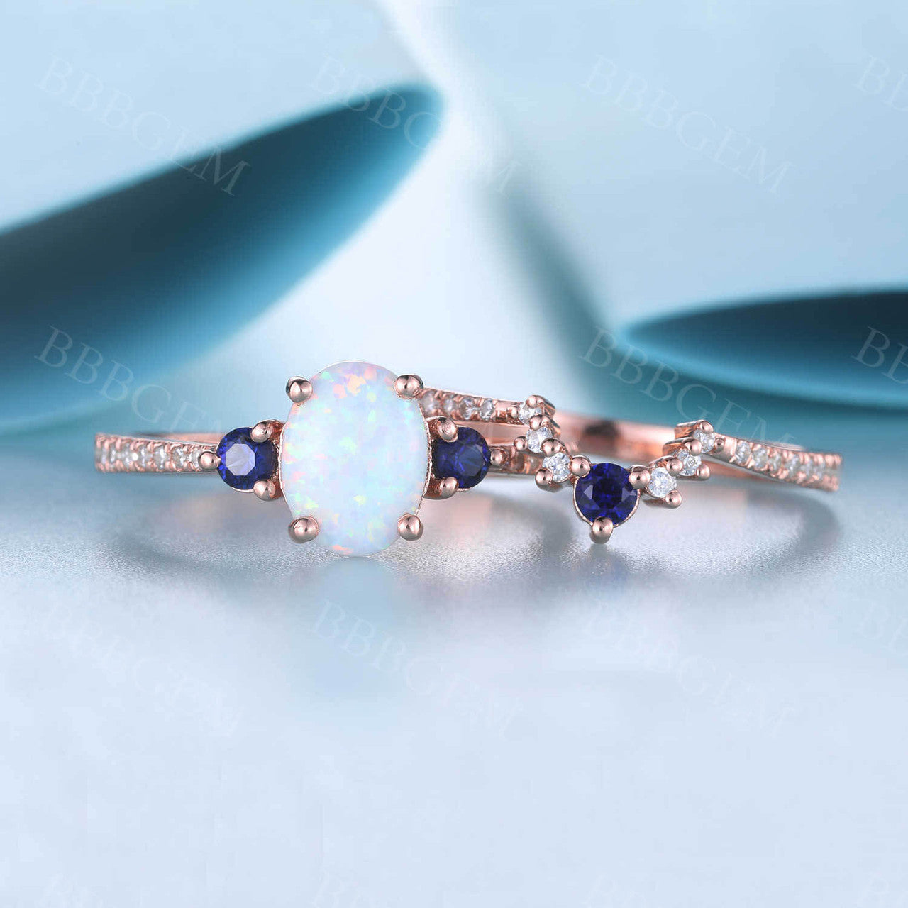 Antique Vintage Style Sapphire Opal Bridal Ring Set with Diamond Accents - Matching Wedding Band & Engagement Ring for Women - Perfect for Bridal Jewelry, Anniversary Gifts & Special Occasions