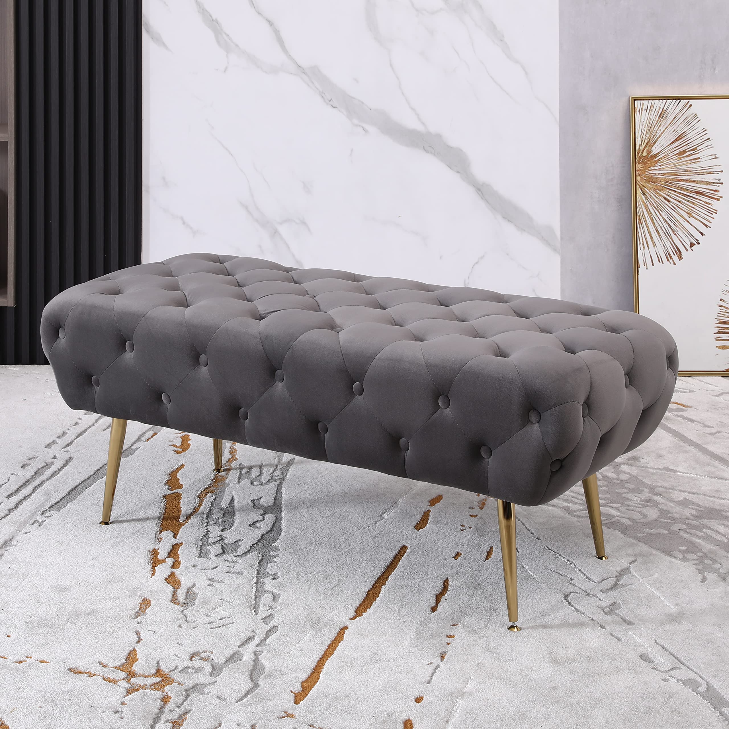 Roundhill Furniture Sira Gray Upholstered Bench - Modern Entryway, Living Room, or Bedroom Seating with Sturdy Wooden Legs