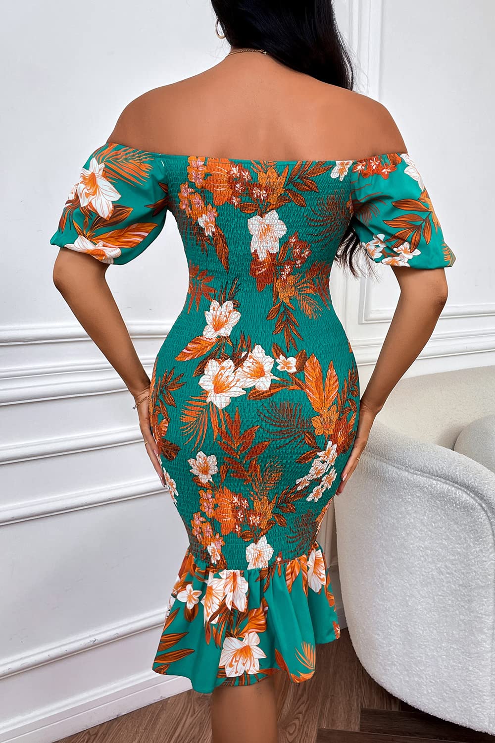 PRETTYGARDEN Floral Bodycon Midi Dress 2025 - Puff Sleeve Mermaid Cocktail Dress for Women | Perfect for Baby Shower, Maternity Photoshoot & Summer Parties | Elegant A-Line Dress for Special Occasions