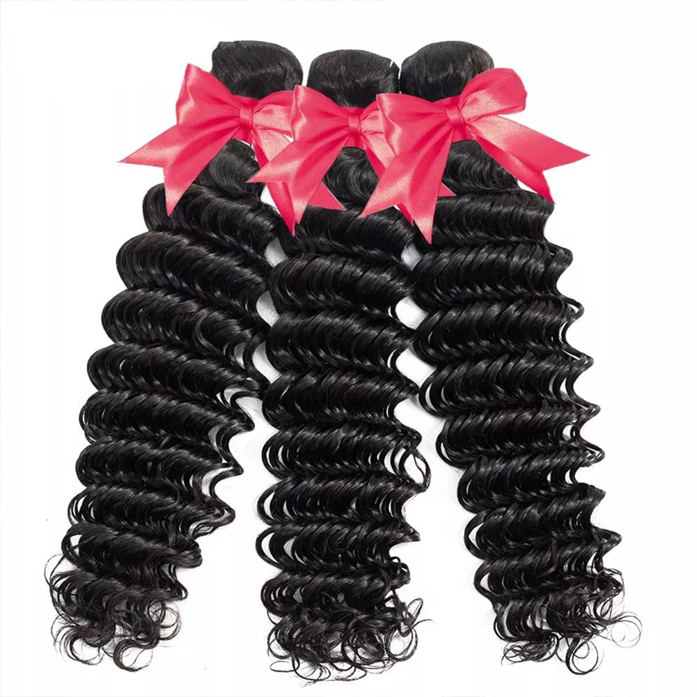 Mariska Deep Wave Brazilian Human Hair Bundles - 3 Bundles Unprocessed Virgin Remy Hair for Weaving (12/14/16 Inch, Natural Black) - Perfect for Wigs, Extensions & Protective Styles