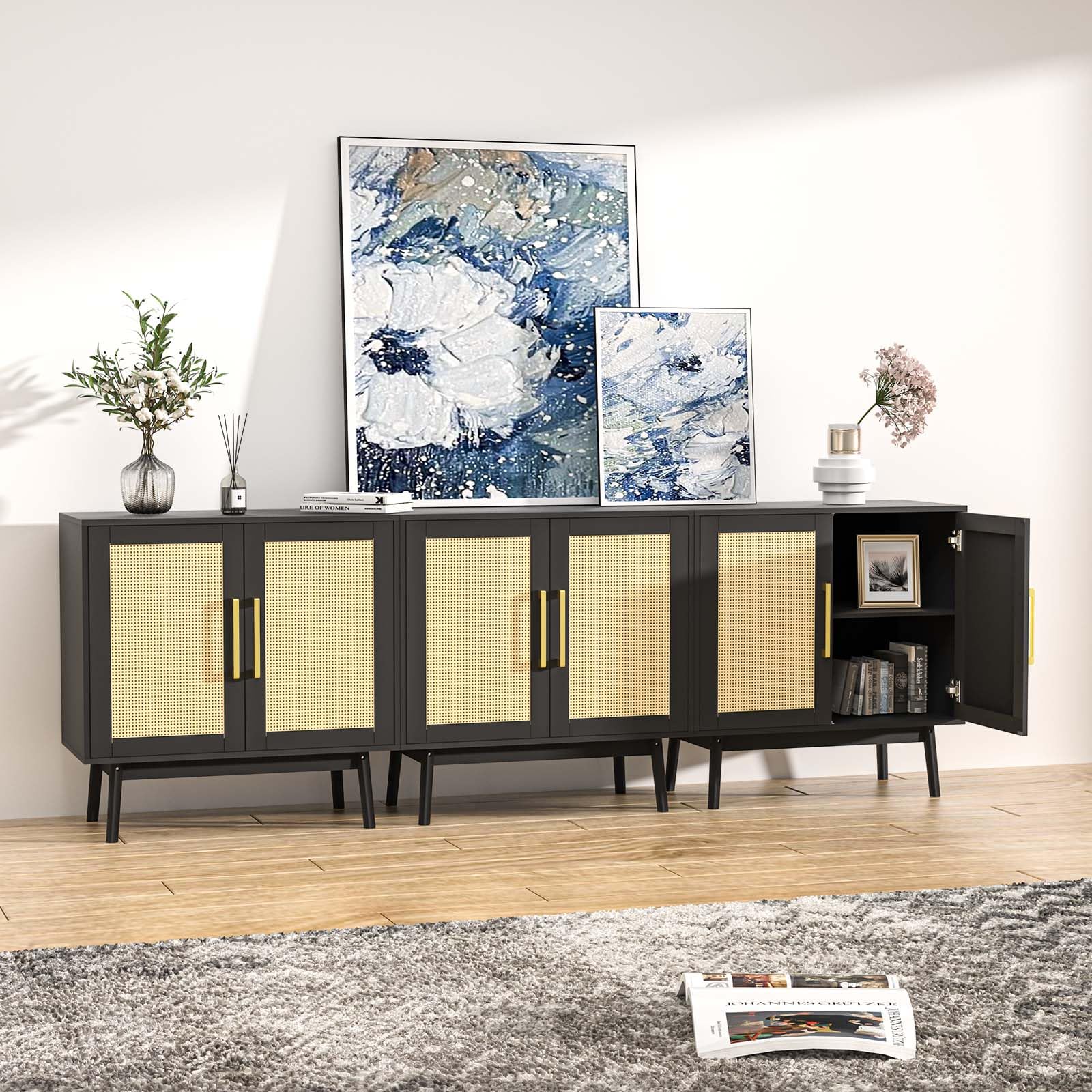 LYNSOM 3-Piece Wooden Sideboard Buffet Cabinet with Rattan Decor Doors - Long Storage Cupboard Console Table for Hallway, Entryway & Living Room - Perfect for Home Organization & Stylish Decor (Black)