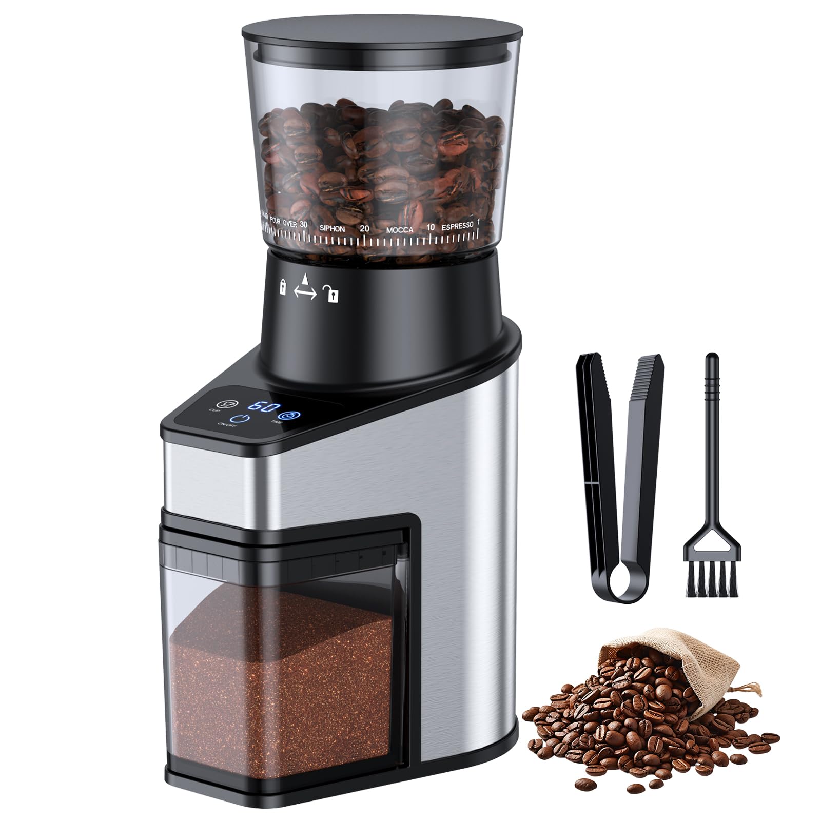 Premium Electric Burr Coffee Grinder with LCD Touch Screen - 60 Precise Grinding Settings, 60-Second Timer & 1-8 Cup Capacity - Anti-Static Stainless Steel Design for Espresso, French Press & Cold Brew at Home or Office
