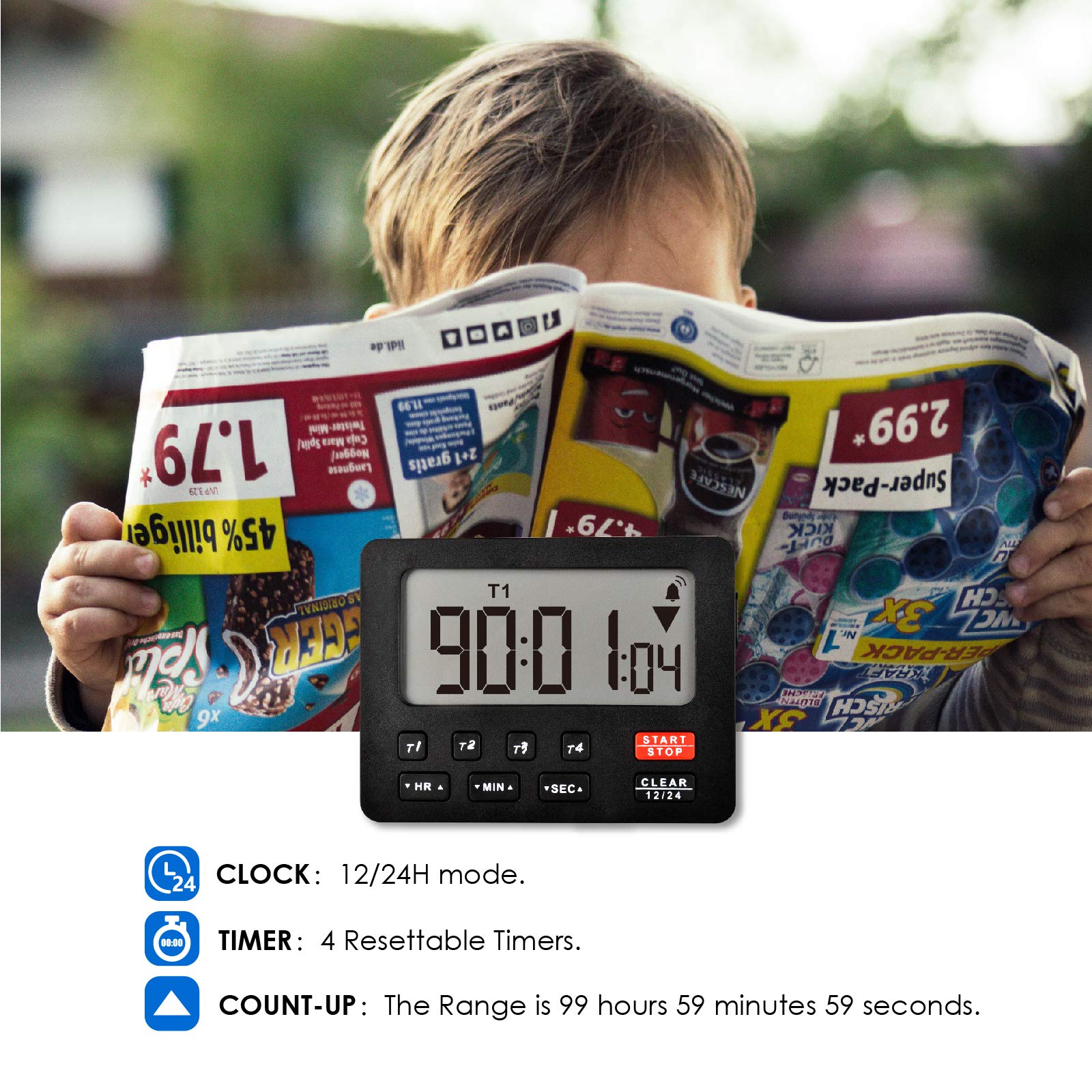 Jayron Digital Countdown Timer with Magnetic Back & Loud Alarm - Kitchen Timer, Stopwatch for Cooking, Baking, Fitness, Workouts, Study & Lab Experiments (Black)