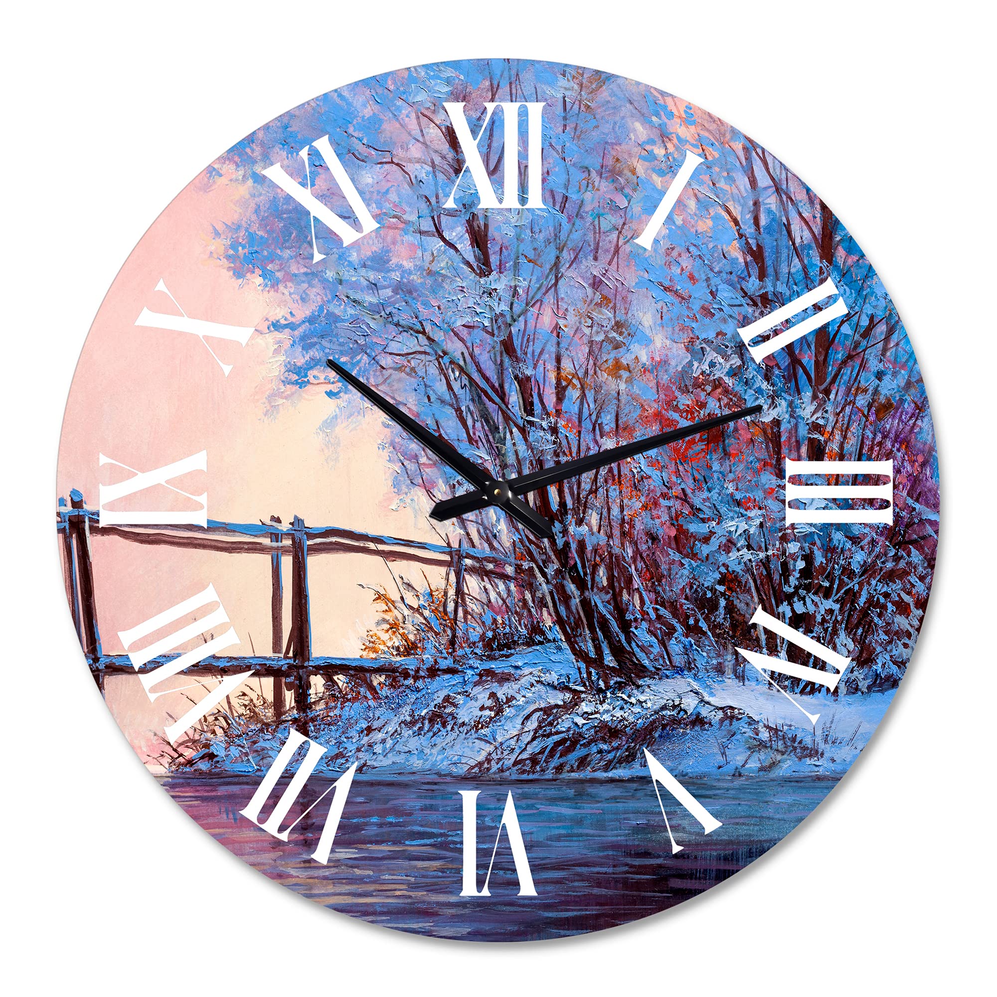 DesignQ Lake House Wall Clock - Winter Scenery with Meandering River Bridge I - Large Landscape Nature Wall Clock for Living Room, Bedroom & Office Decor - Perfect for Rustic, Farmhouse & Modern Home Interiors