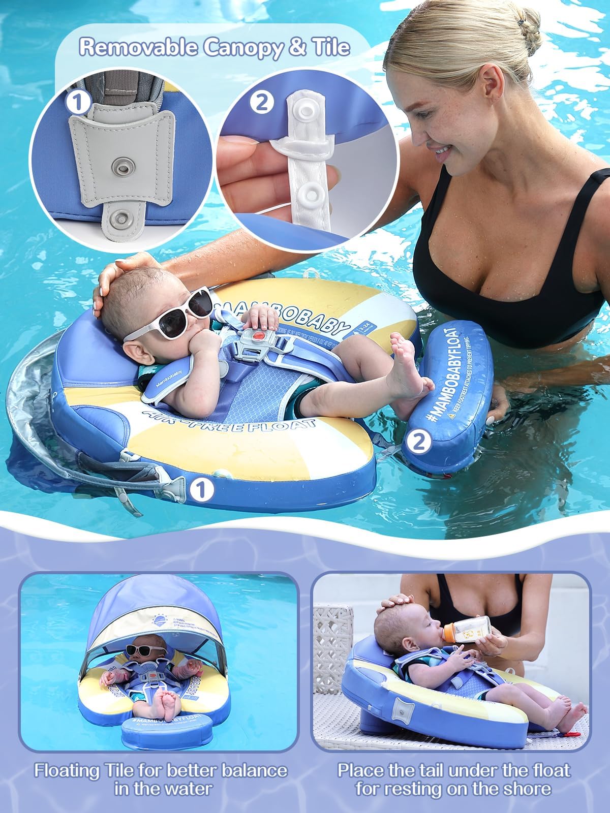 **Mambobaby Baby Pool Float with Canopy & Tile - Non-Inflatable Infant Swim Trainer Ring for Toddlers 3-24 Months - Adjustable Strap for Boys & Girls - Perfect for Beach, Pool & Summer Water Play**