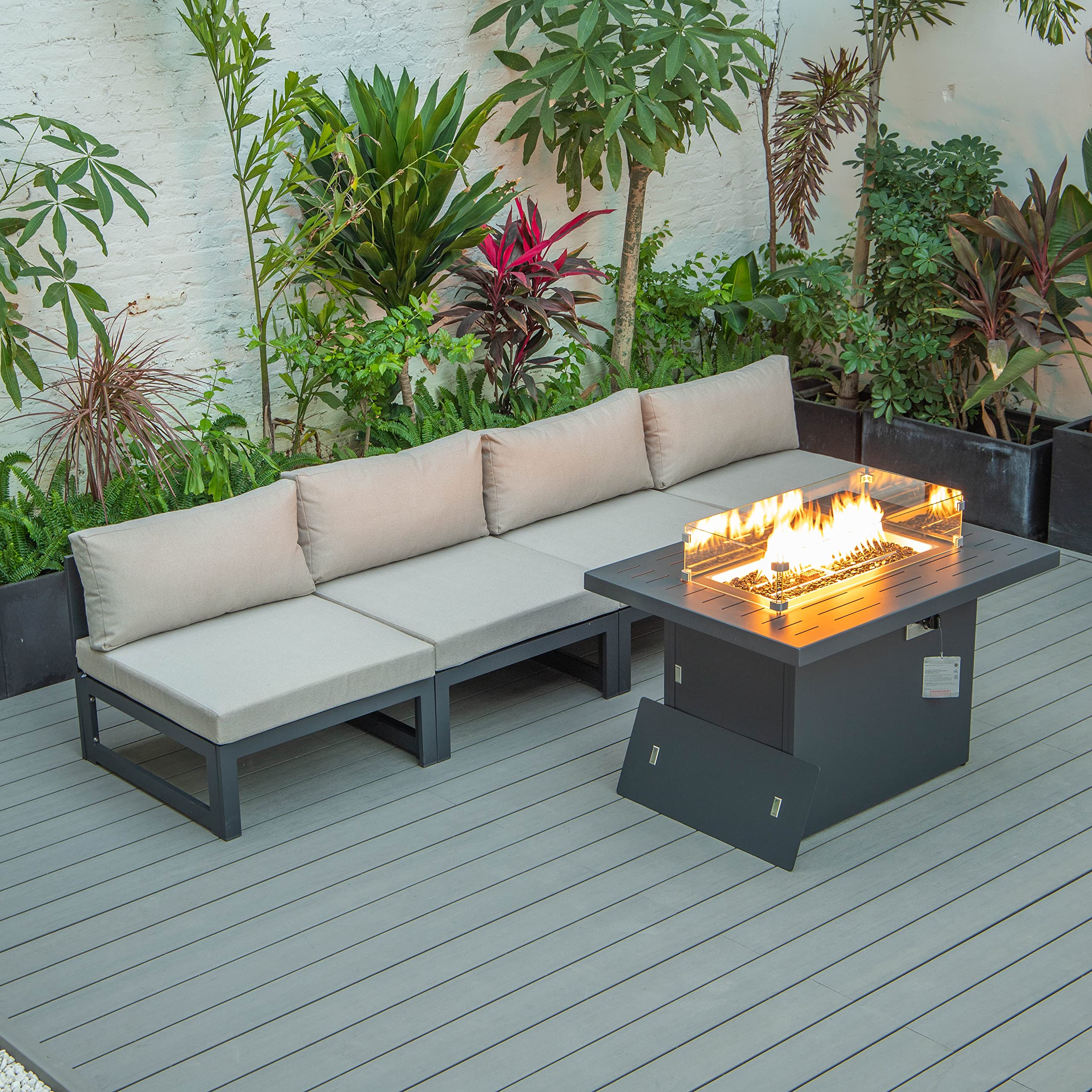 LeisureMod Chelsea 5-Piece Outdoor Patio Sectional Sofa Set with Fire Pit Table - Beige Waterproof Wicker Furniture for Backyard, Garden, and Poolside Relaxation