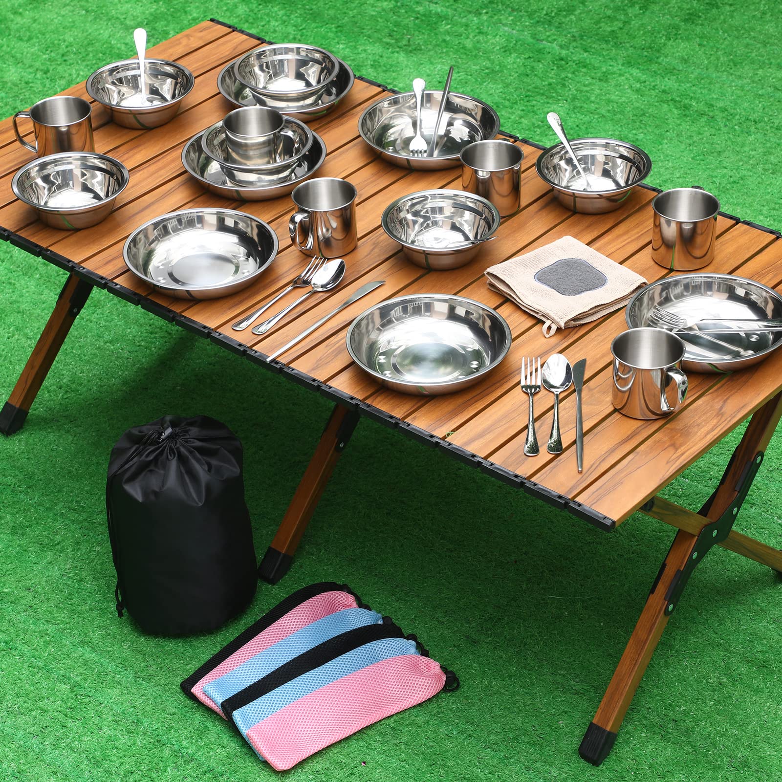 Lallisa 44-Piece Stainless Steel Camping Cookware Set - Polished Outdoor Mess Kit with Plates, Cups, Spoons, Forks & Knives | Portable Tableware in Mesh Bag for Backpacking, Hiking & Picnics | 6-Person Camping Gear for Family Outdoors Adventures