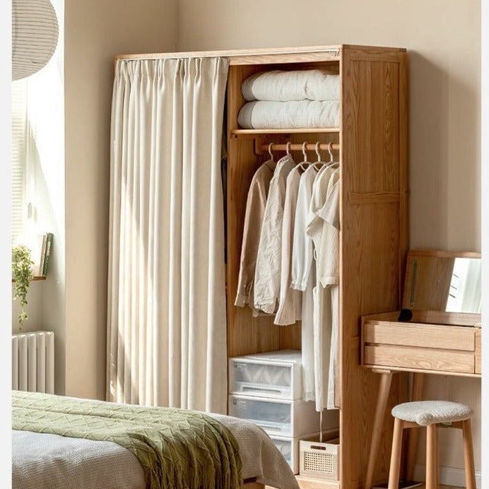 Oak Solid Wood Wardrobe with Curtain Design - Elegant Closet Storage for Bedroom, Living Room & Dorm Organization
