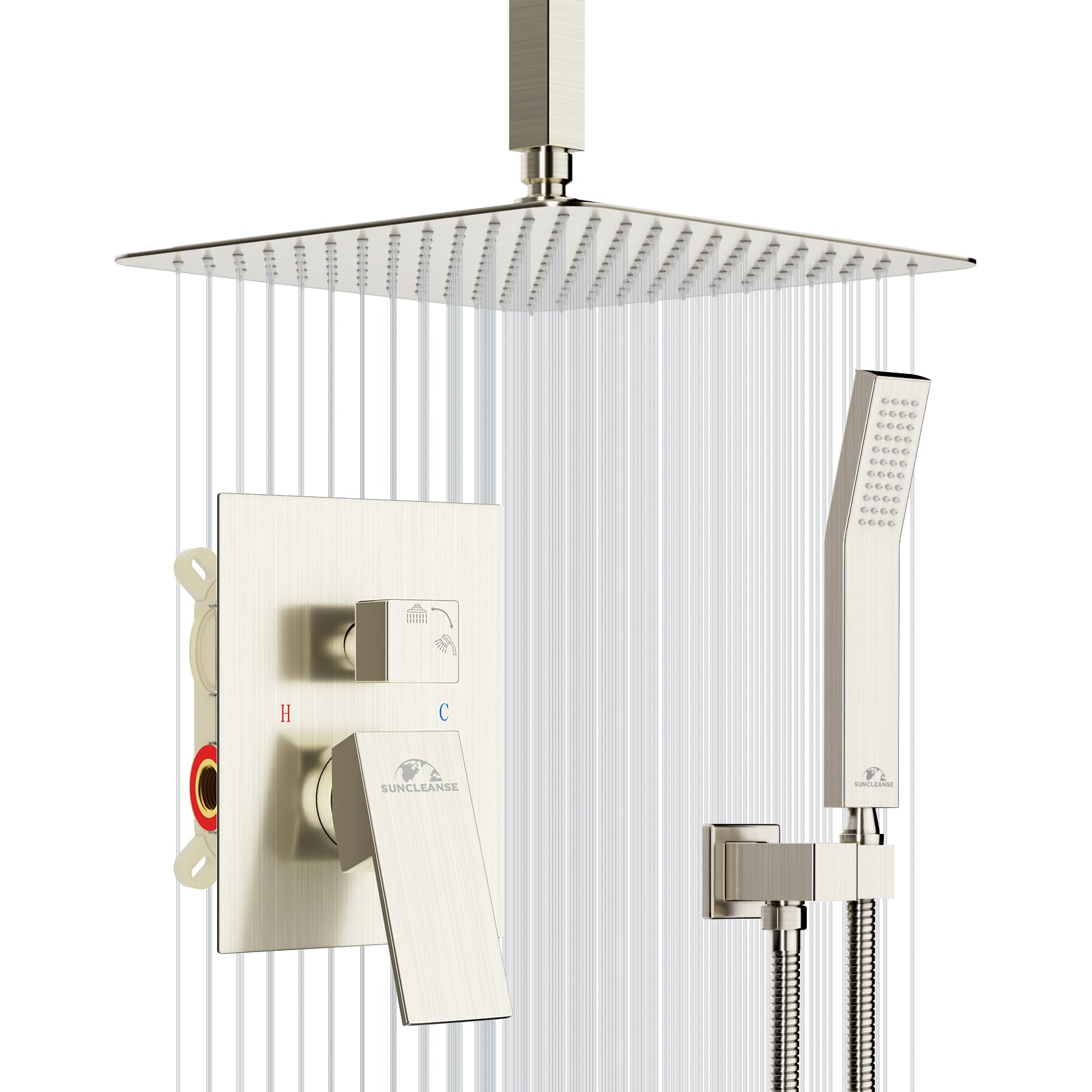 SunCleanse Brushed Nickel Ceiling Mount Rain Shower System - 12 Inch Square High Pressure Shower Head with Handheld Sprayer & Mixer Valve - Perfect for Spa-Like Luxury Bathroom Experience
