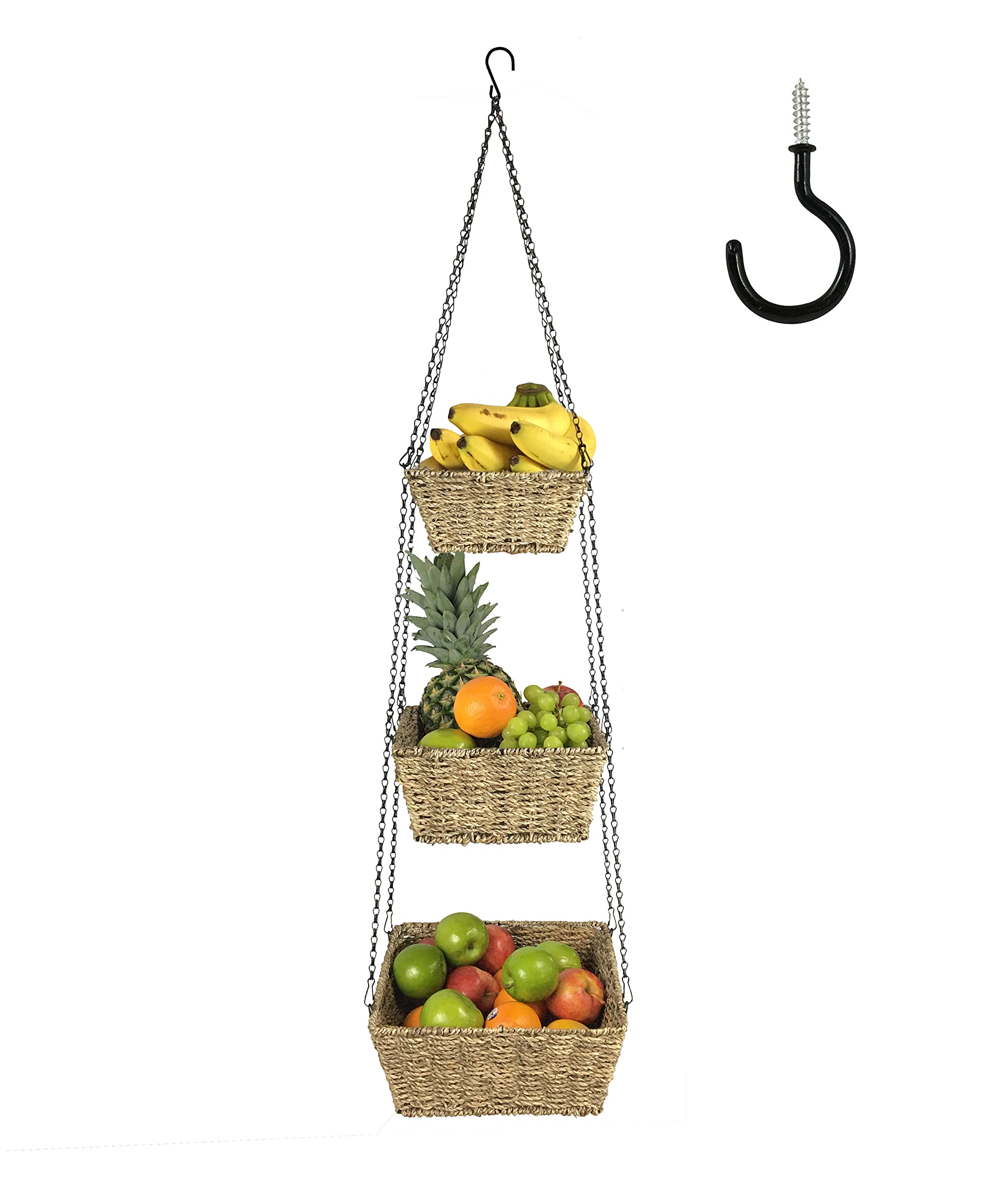 3 Tier Hanging Fruit Basket Organizer - 4 Foot Long Wire Frame Seagrass Storage for Kitchen, Pantry or Dining Room - Includes Ceiling Hook for Fresh Fruits, Vegetables & Decor - Perfect for Small Space Organization & Farmhouse Style Decor