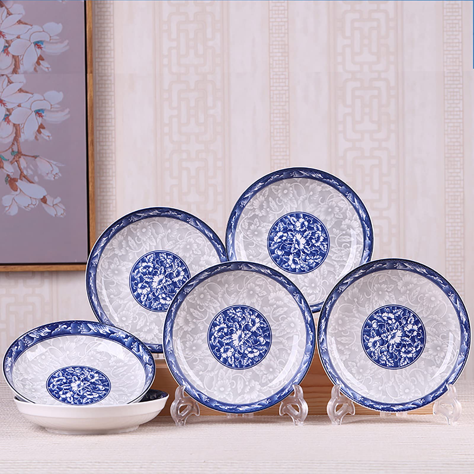 8-inch Porcelain Dinner Plates Set of 6 - Blue and White Ceramic Dishes for Dessert, Salad, Pasta, Bread, Appetizer & Snack | Elegant Round Dinnerware for Restaurants, Home Dining & Party Serving