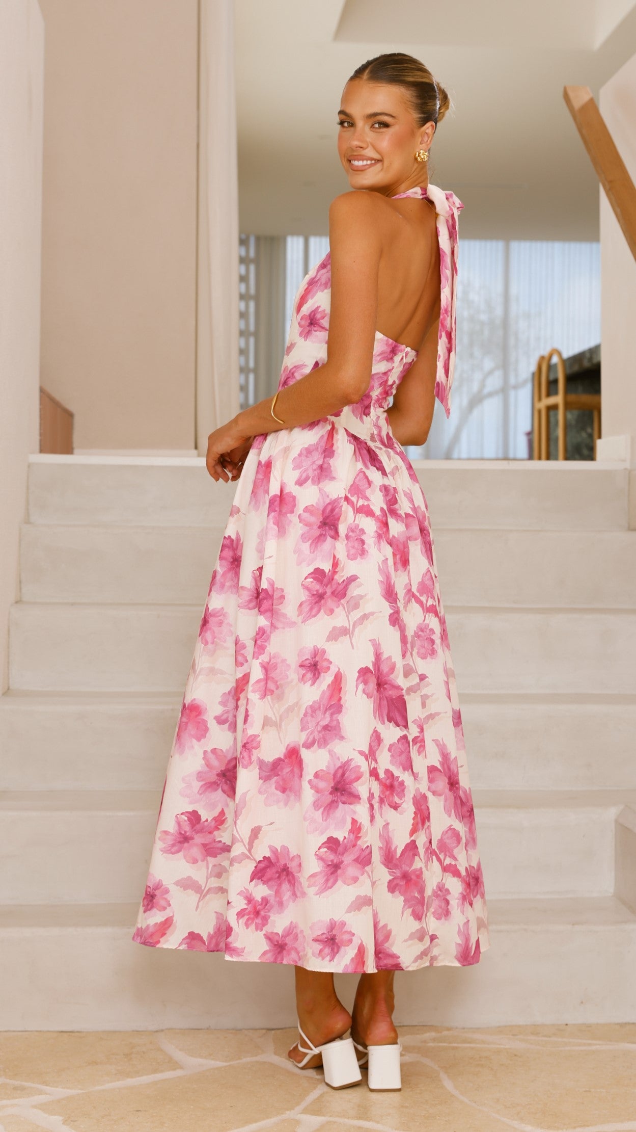 Bryony Halter Neck Maxi Dress - Floral Summer Dress for Women, Pink Floral Print, Boho Beach Dress for Vacation, Party & Wedding Guest Outfit