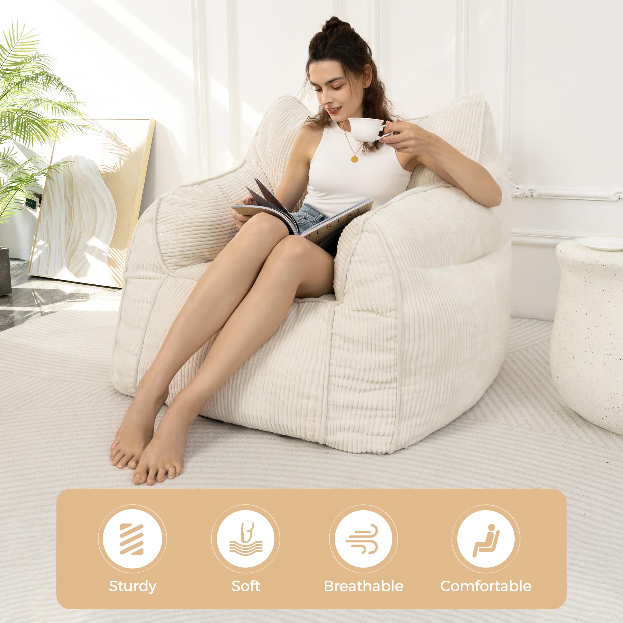 MAXYOYO High-Density Foam Bean Bag Chair Sofa - Soft & Comfortable Beige Lounge Chair for Living Room, Bedroom, Dorm, or Game Room - Perfect for Relaxing, Reading & Gaming