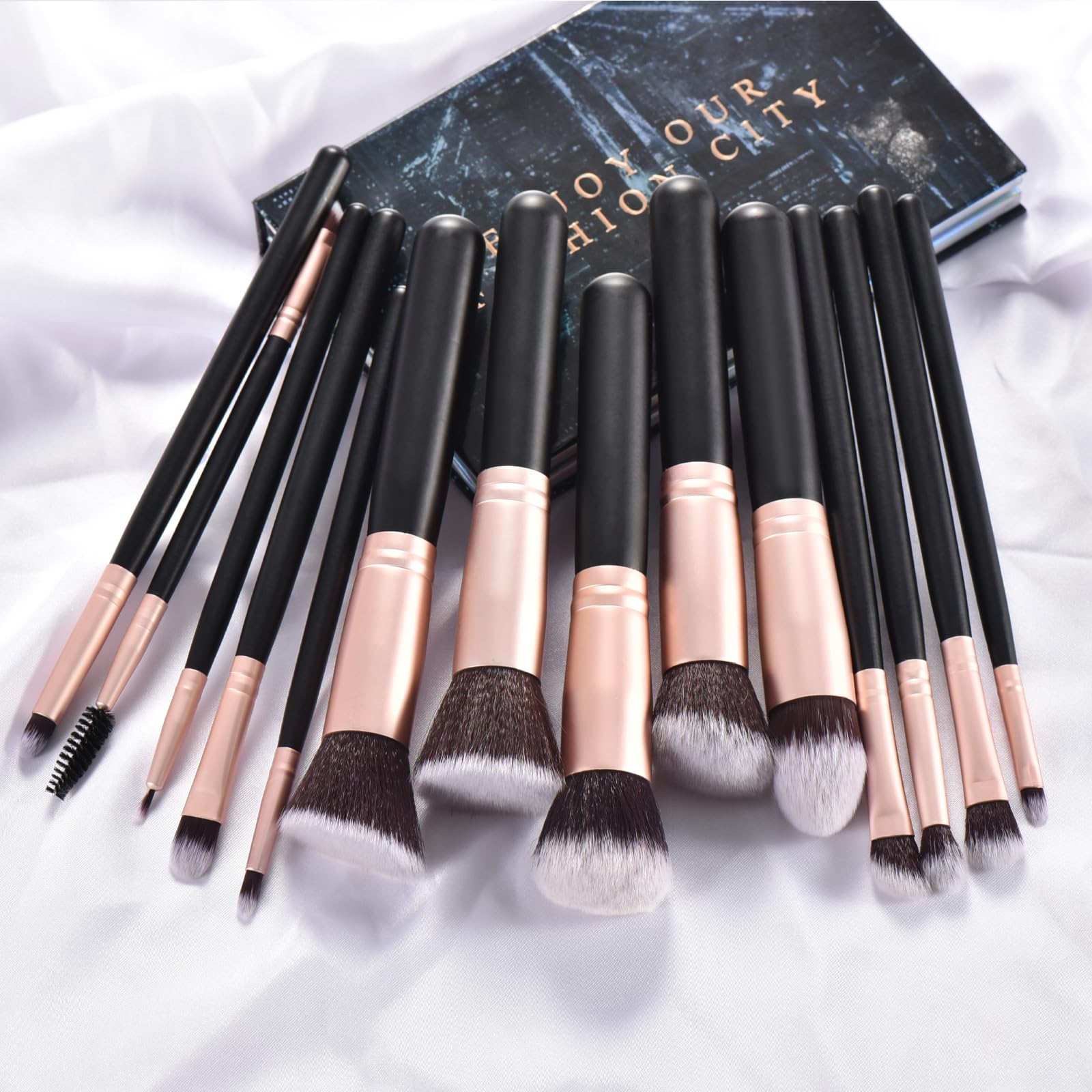 14-Piece Black Makeup Brush Set with Wooden Handles - Professional Cosmetic Brushes for Women & Girls - Essential Makeup Tools for Foundation, Blush, Eyeshadow & More - Perfect for Daily Beauty & Professional Makeup Application
