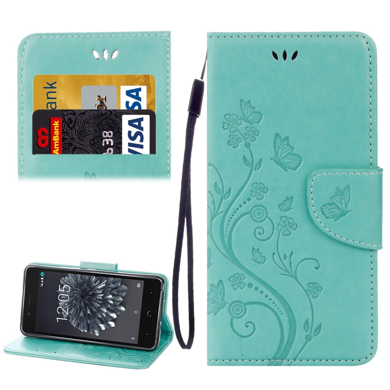 **HONGYAN BQ Aquaris X5 Plus Phone Case - Butterfly Floral Embossed Leather Flip Cover with Card Holder, Wallet & Lanyard (Green) - Perfect for Daily Use, Travel & Gift Giving**