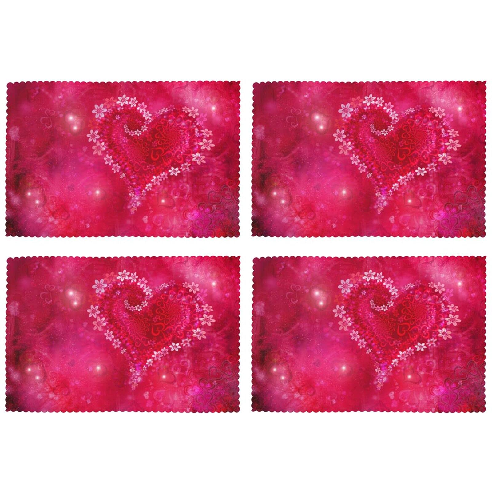 Valentine's Day Placemats Set of 4 - 12x18 Inch Floral Heart Design Washable & Heat-Resistant Table Mats for Kitchen Dining - Perfect for Romantic Dinners, Anniversary Celebrations & Home Decor (Red)