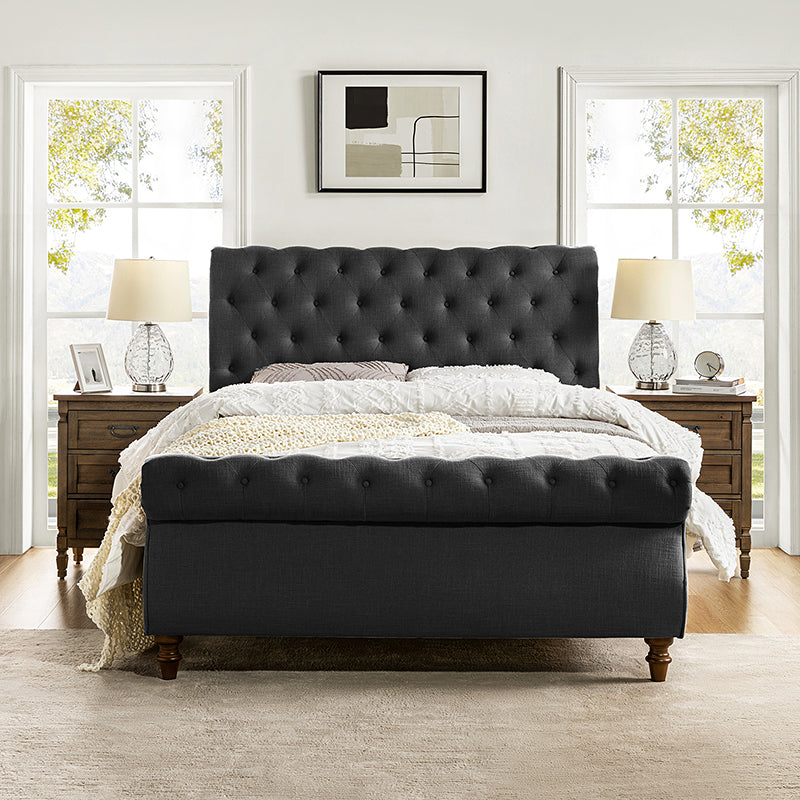 Deirdre Upholstered Sleigh Platform Bed - Queen Size with Solid Wood Frame & Luxe Fabric Headboard - Perfect for Modern Bedroom & Guest Room Decor
