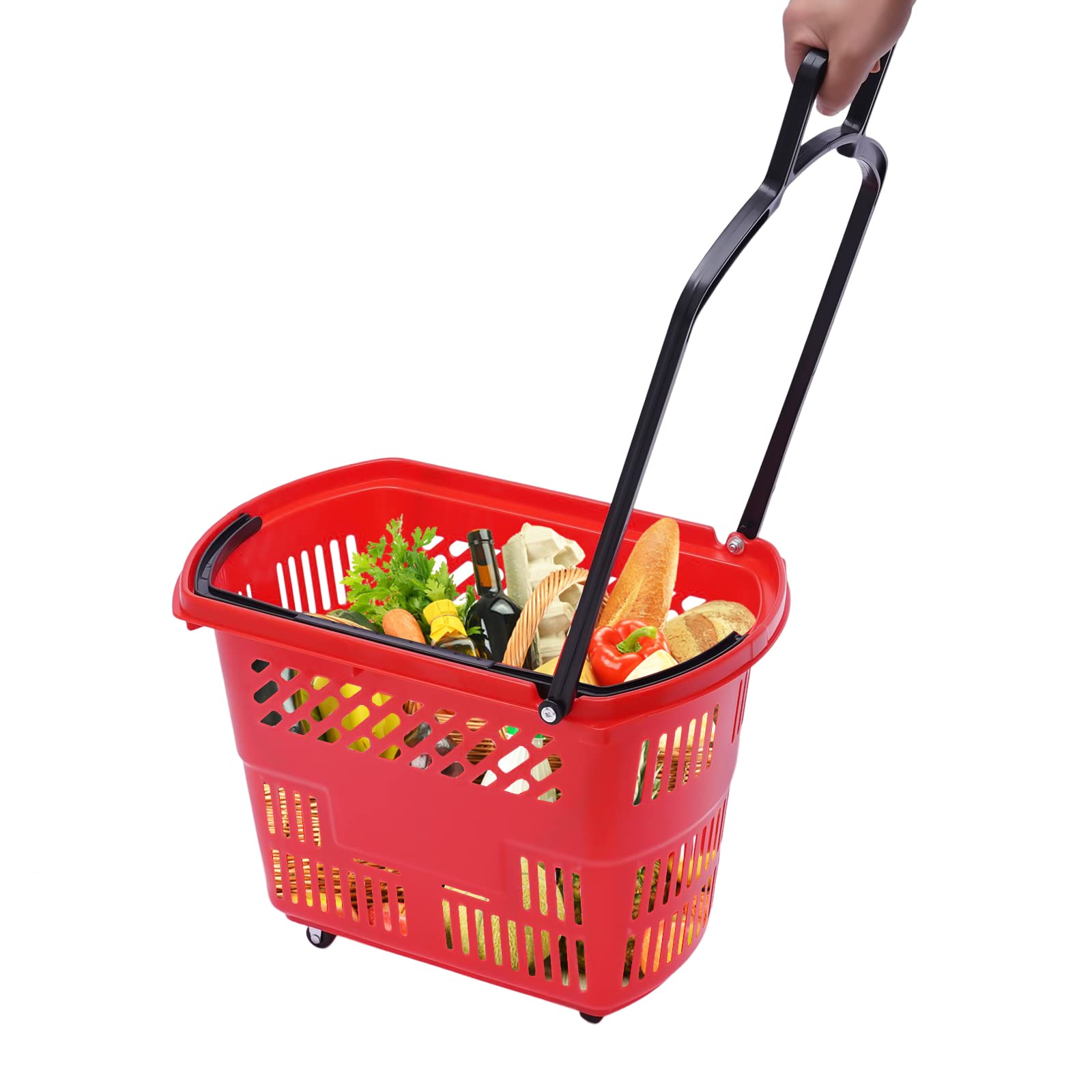 Gdrasuya10 6-Pack 35L Rolling Shopping Baskets with Wheels & Handle - Durable Plastic Grocery Cart (Red) - Perfect for Supermarkets, Warehouse Stores & Home Organization