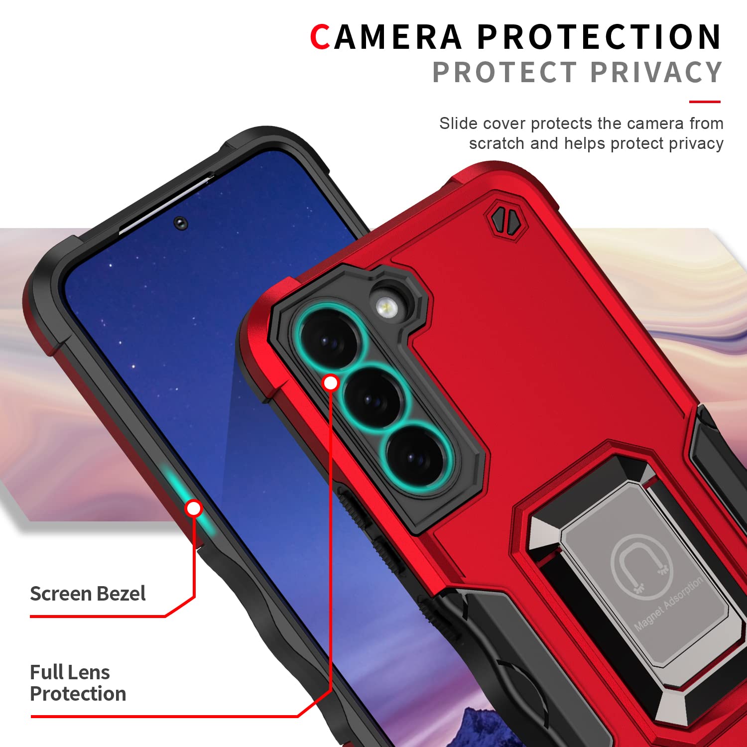 Shockproof Phone Case for Samsung Galaxy S22+ 5G with Ring Stand - RS6 Red - Perfect for Work & Travel