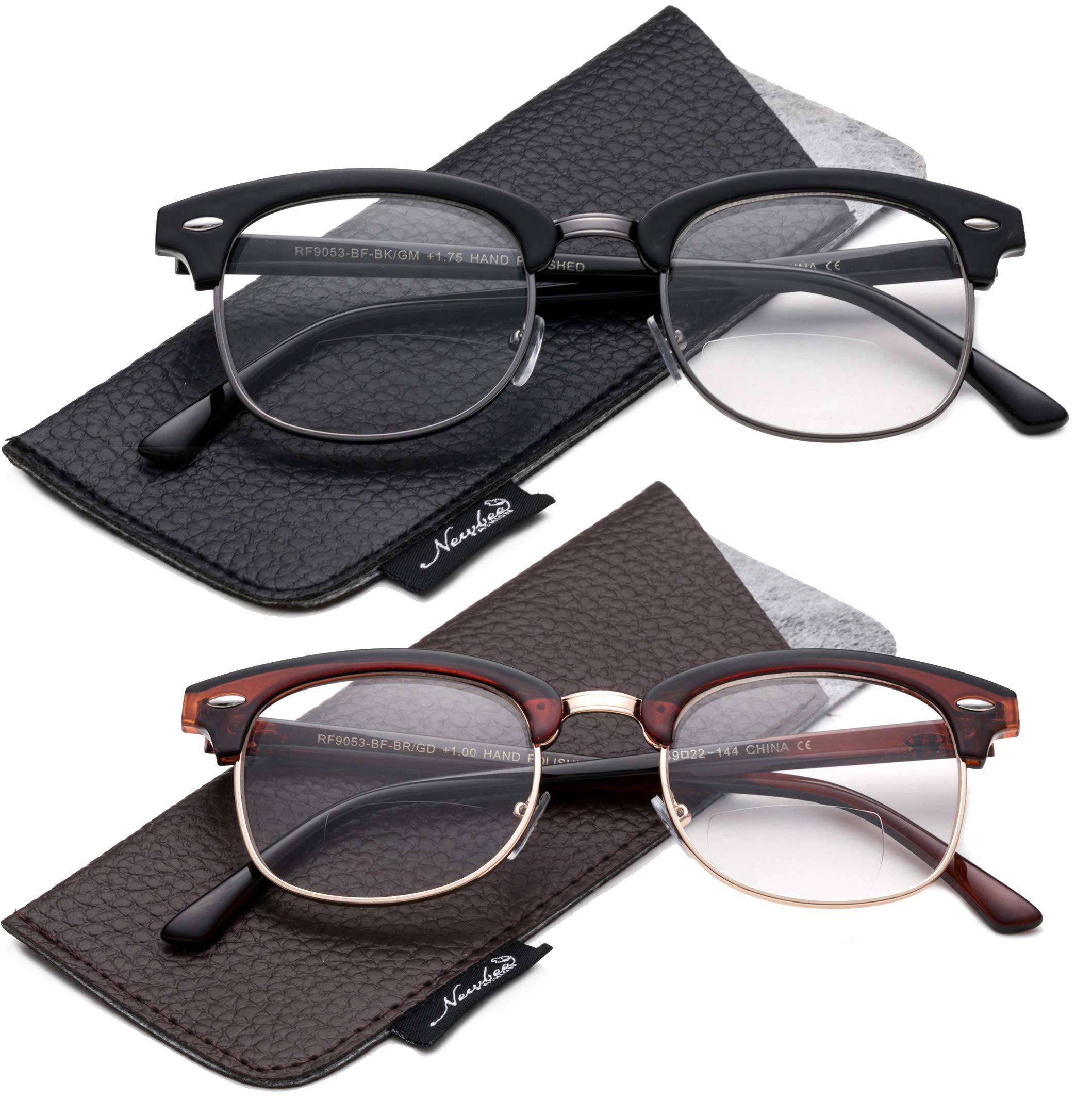 2 Packs Bifocal Reading Glasses Half Frame Vintage Retro Style - Fashionable Readers with Bifocal Lenses for Men & Women - Perfect for Reading, Crafts, and Close Work