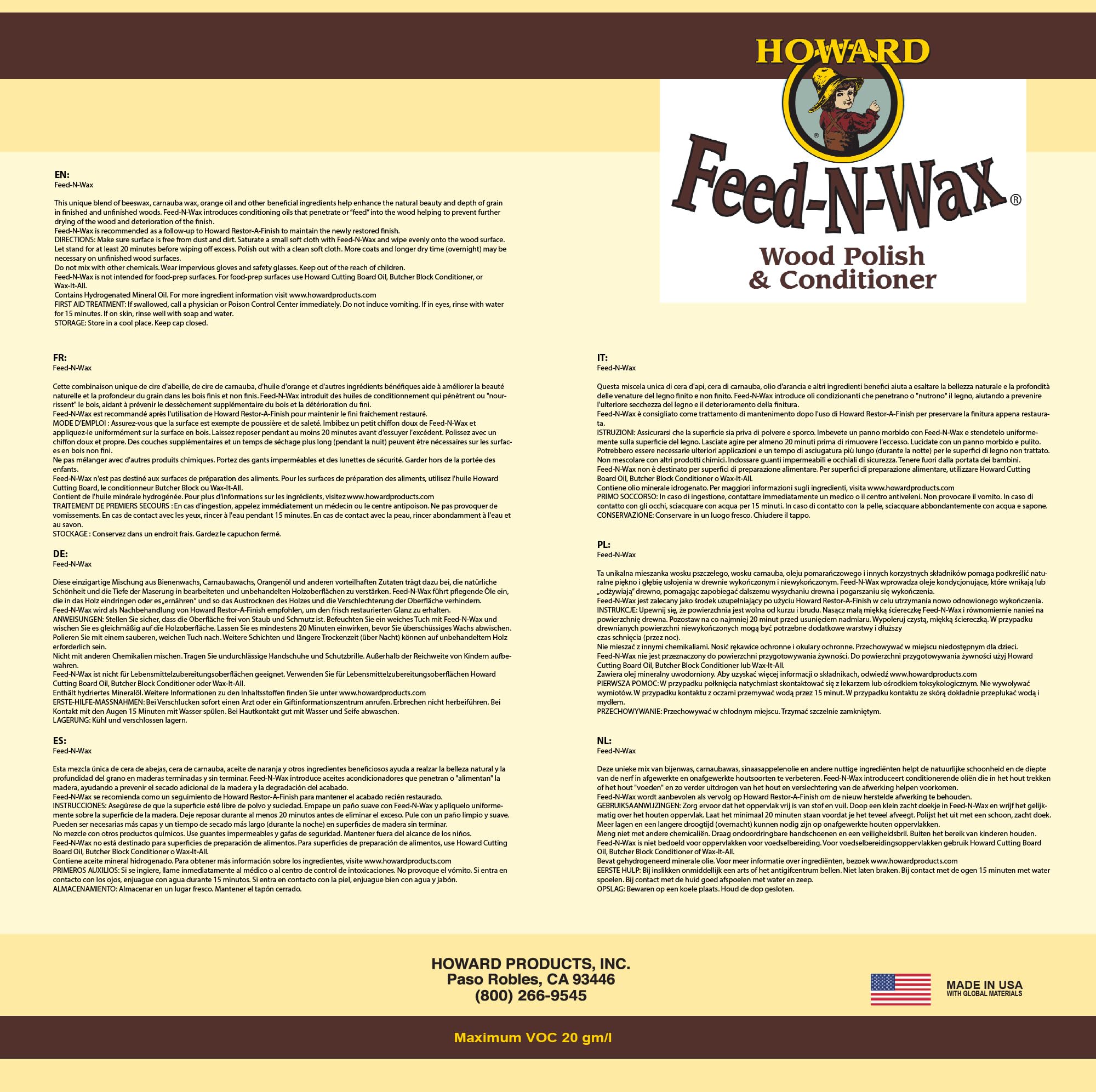 Howard Products Feed-N-Wax Wood Polish & Conditioner - 8 oz, Orange Oil Formula - Restores & Protects Wood Furniture, Floors & Cabinets - Ideal for Home, Office & Antique Wood Care