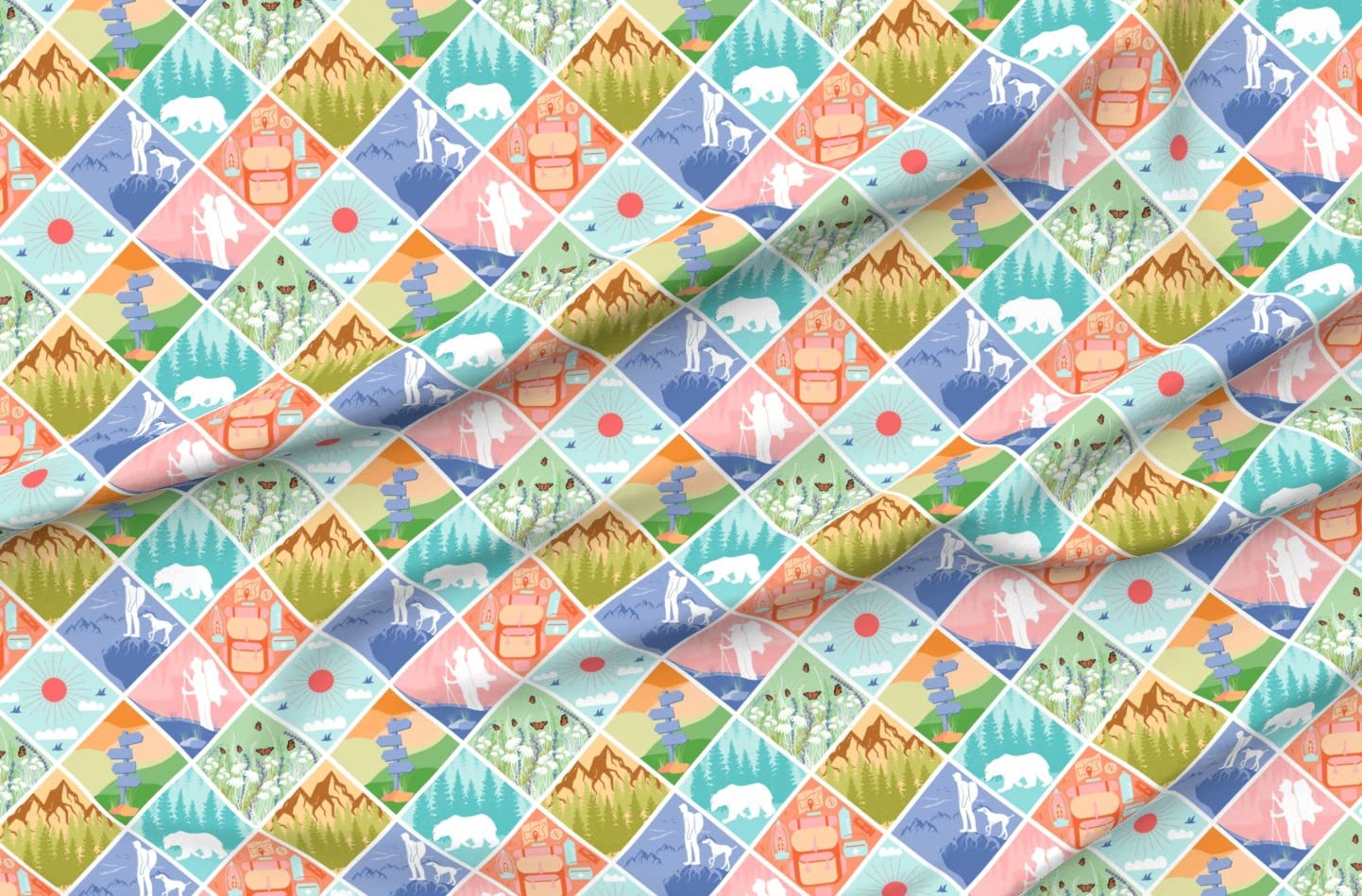 Outdoor Damask Woodland Camping Hiking National Park Printed Satin Fabric by The Yard - Perfect for Sewing, Lining, Apparel, Fashion, Blankets & Home Decor - Ideal for Camping Gear, DIY Projects and Outdoor Adventures