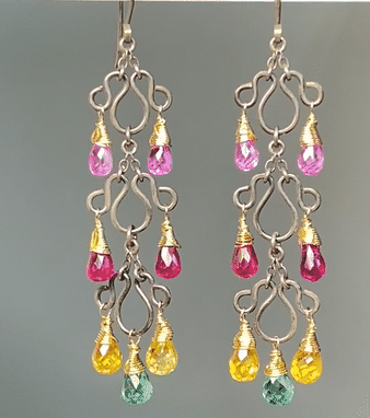 Elegant Multi-Color Long Chandelier Earrings with Oxidized Silver & Vibrant Corundum Quartz | Perfect for Parties, Weddings & Evening Events