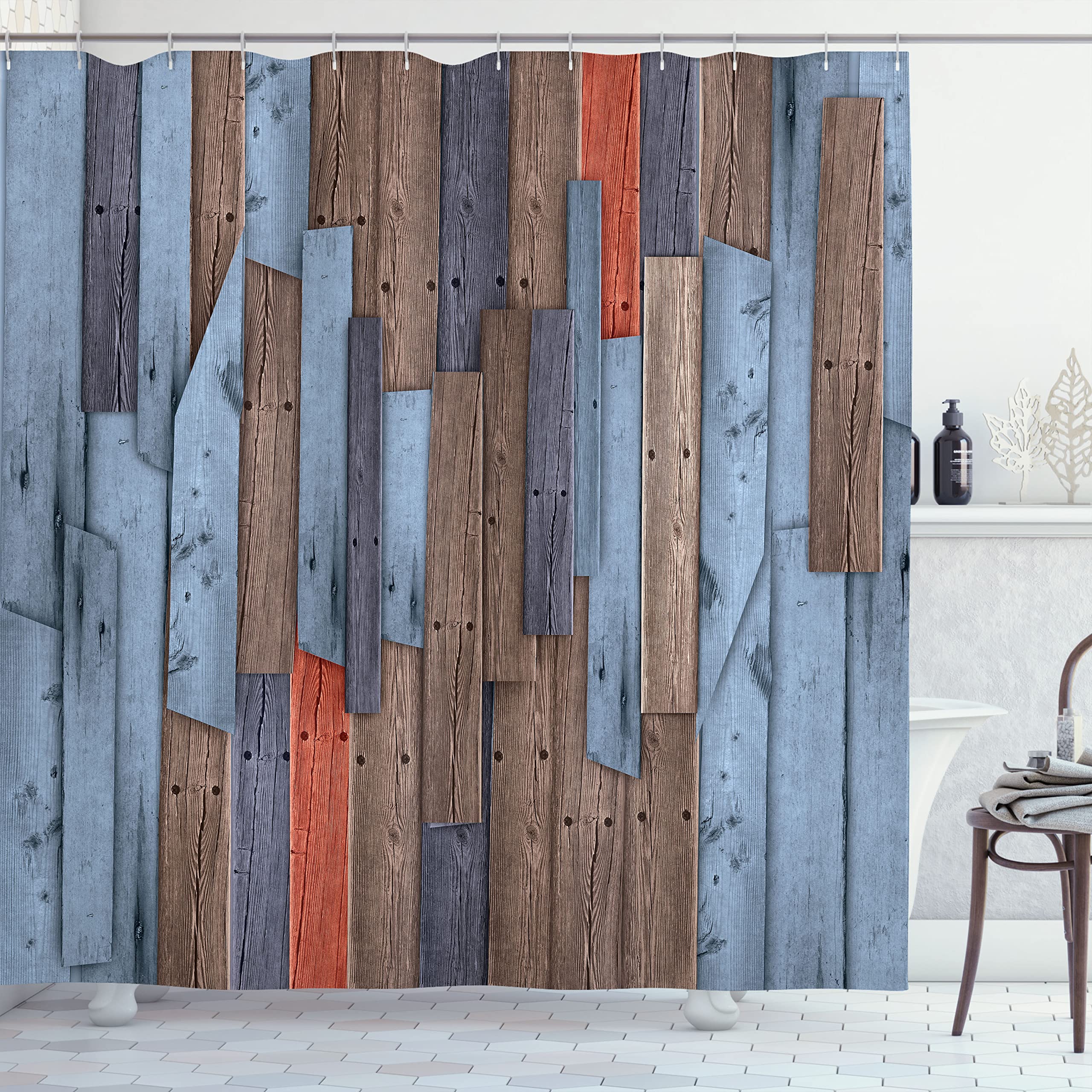 Ambesonne Rustic Shower Curtain - Distressed Wood Plank Design with Barn Door Nails, Farmhouse Country Theme, Grey Blue Fabric Bathroom Decor Set with Hooks, 69x84 Inches - Perfect for Vintage, Cottage & Farmhouse Style Bathrooms