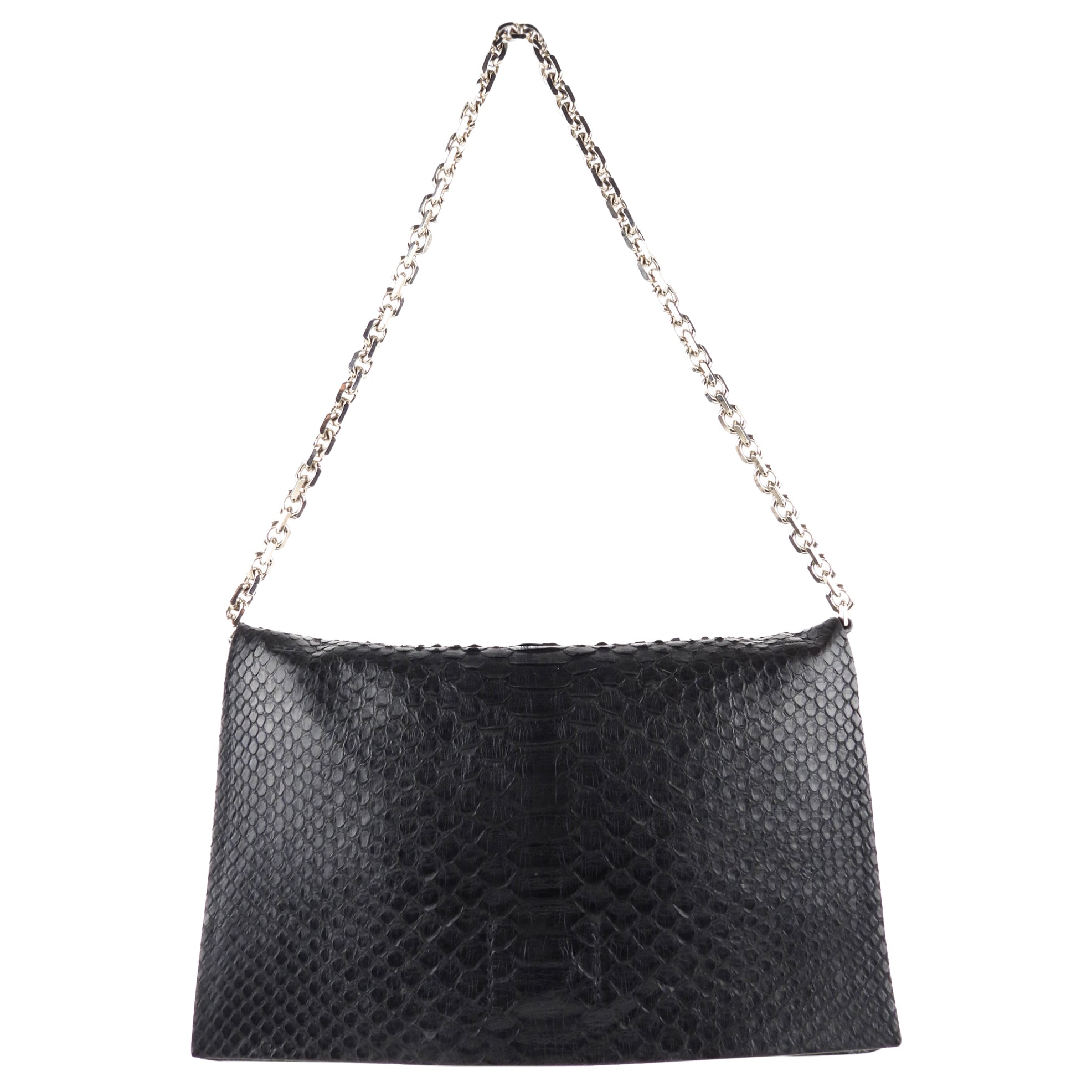 Calvin Klein Black Python Leather Chain Flap Bag for Women - Luxury Exotic Handbag for Evening Parties & Special Occasions