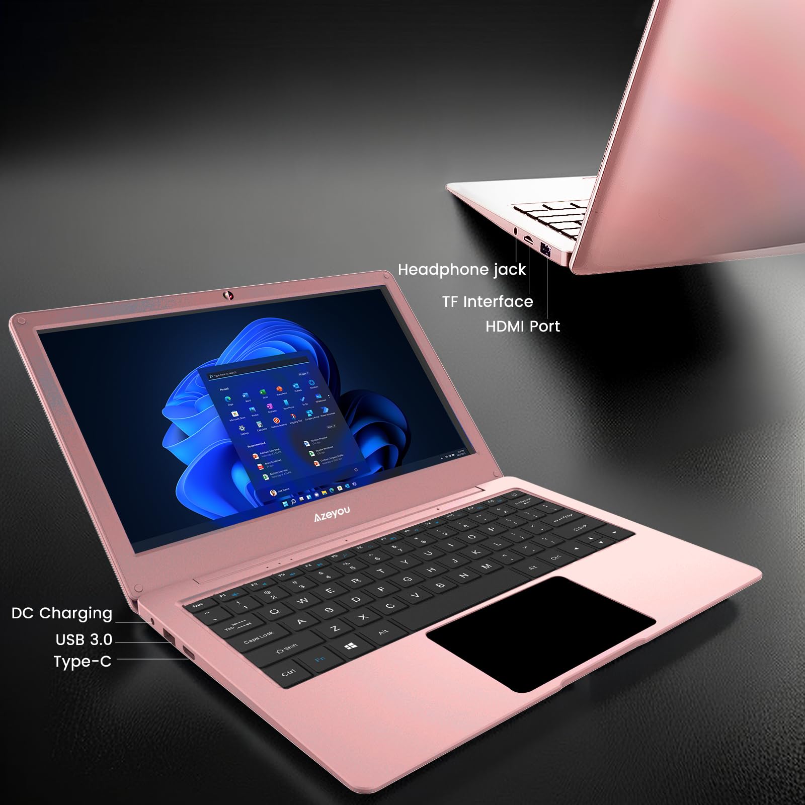 Azeyou 11.6 Inch HD Laptop with Windows 10 | Intel Celeron N4020 Processor (Up to 2.8GHz) | 4GB DDR4 RAM | 64GB eMMC Storage | Google GMS | Rose Gold - Perfect for Students, Home Office & Travel