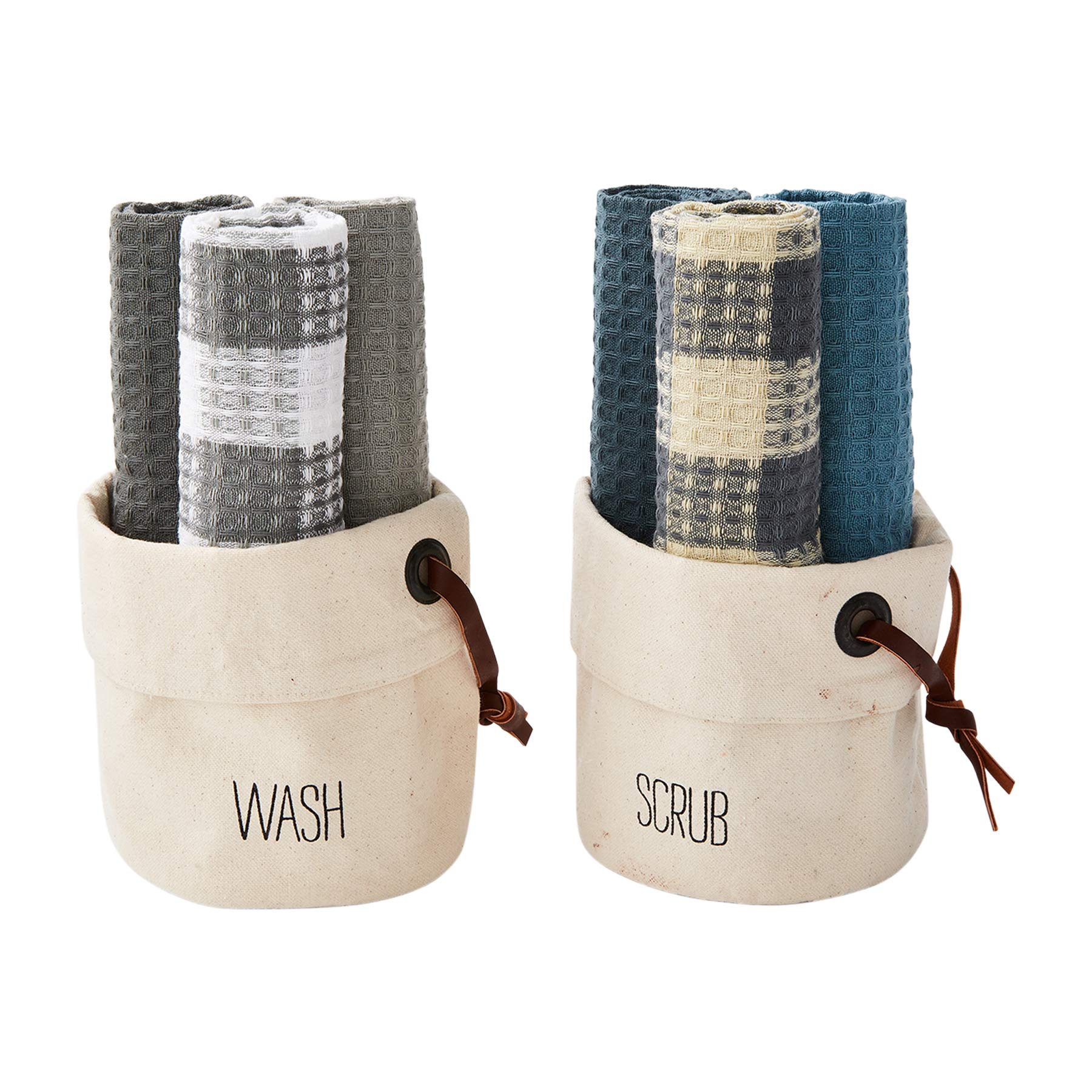 Premium Mud Pie Cotton Towels Set with Rustic Canvas Holder - Soft & Absorbent Bath, Kitchen & Beach Towels for Home & Travel Use